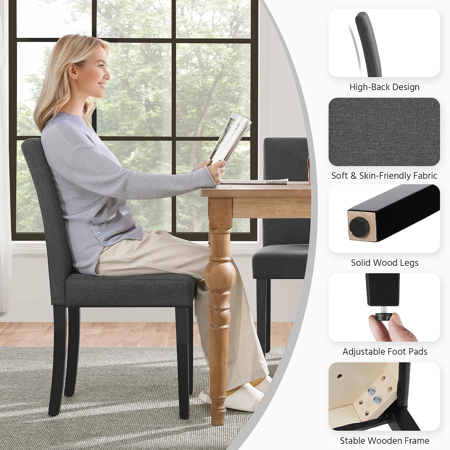 Yaheetech Dining Chairs Set of 4 Fabric Parson Upholstered Kitchen Chairs with Padded Seat and Solid Wood Legs for Dining Room/Restaurant, Armless Design, Dark Grey