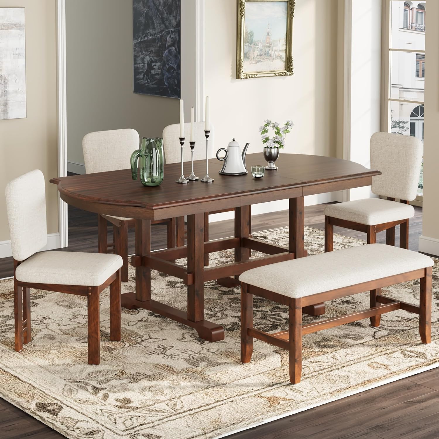 Merax 6 Pieces Dining Table Set, Extendable Wood Dining Room Set with Bench, Kitchen Table Set with Removable Leaf and 4 Upholstered Dining Chairs, Espresso+Beige