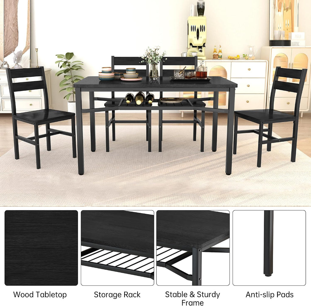 Hooseng Dining Table Set for 4, Wood Kitchen Table Chairs Set with Storage, Farmhouse 5 Piece Dining Room Table Set, Space-Saving Dinette Set for Breakfast Nook, Apartment (Black)