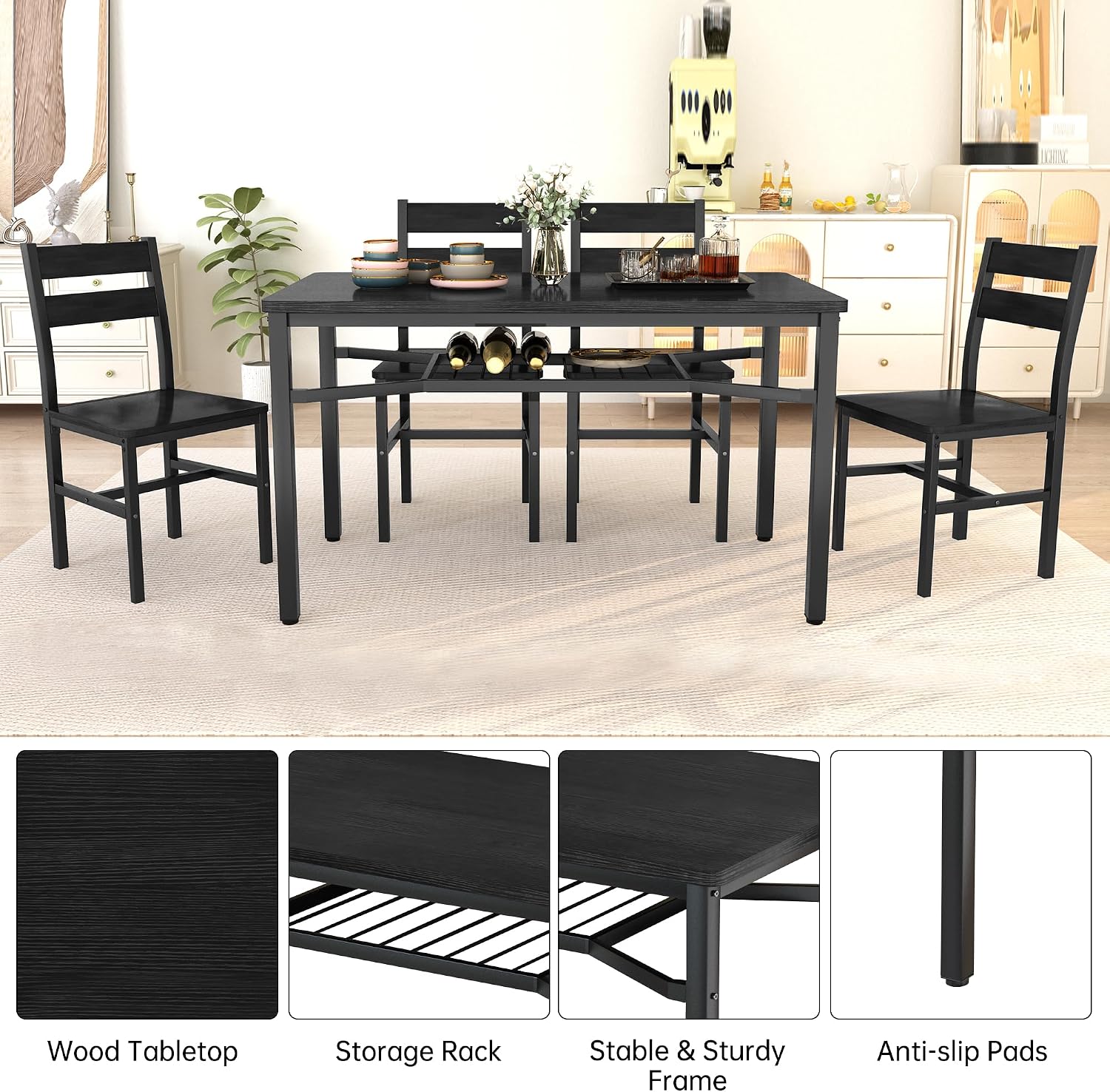 Hooseng Dining Table Set for 4, Wood Kitchen Table Chairs Set with Storage, Farmhouse 5 Piece Dining Room Table Set, Space-Saving Dinette Set for Breakfast Nook, Apartment (Black)