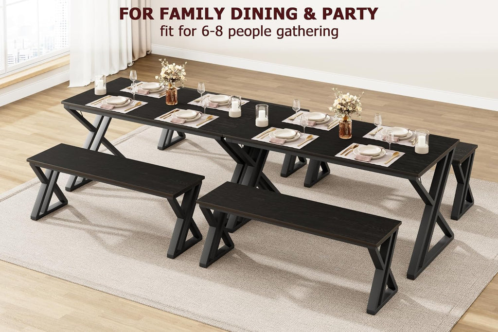 GarveeHome Kitchen Table with 2 Benches, Dining Table Set for 4, Saving Space Dining Room Table Set for Kitchen, Dining Room, Apartment, Sturdy Metal Frame, Black