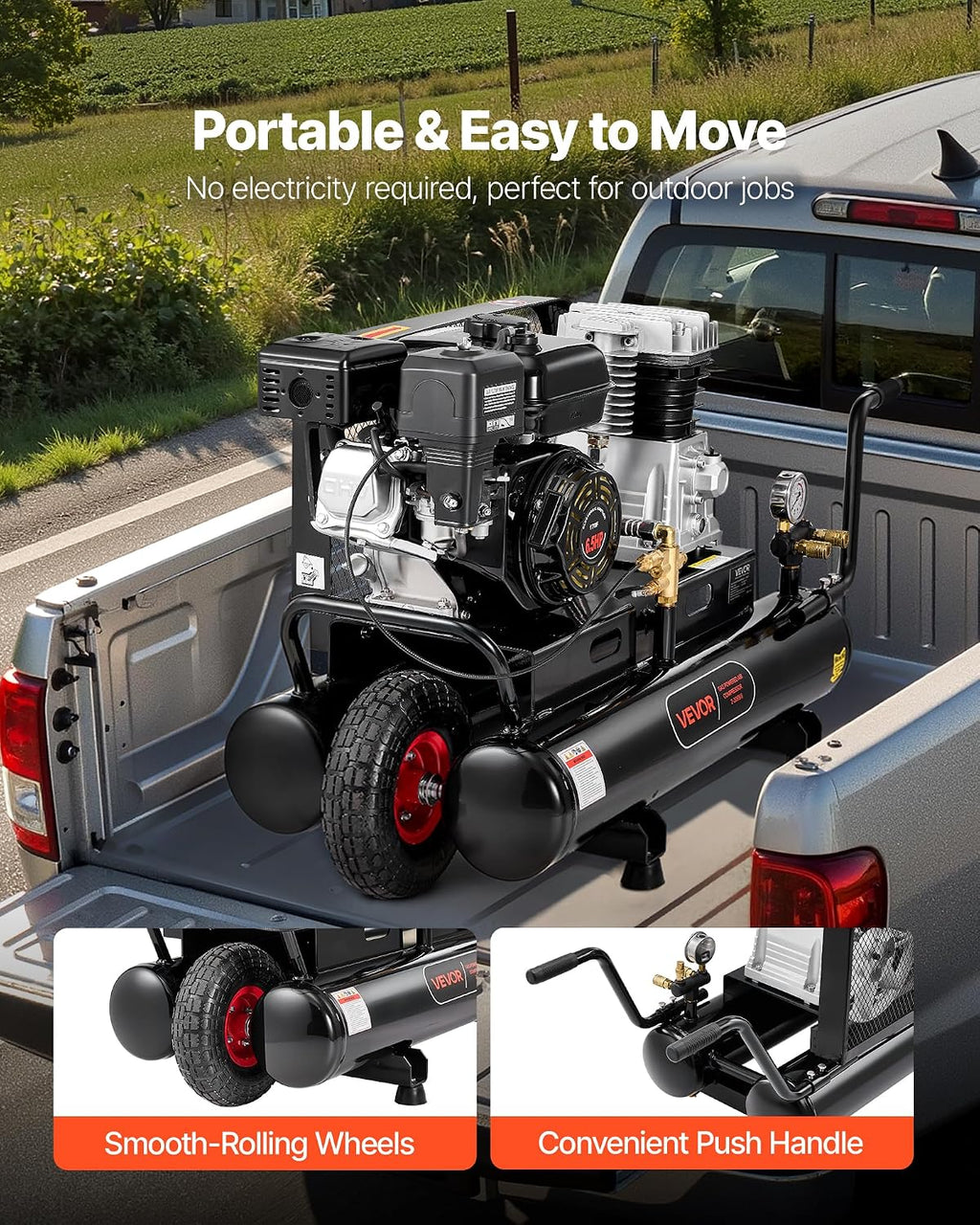 VEVOR 9 Gallon Twin-Tank Gas Powered Air Compressor, 6.5HP 9CFM Gas Driven Air Compressor Tank on Wheels, Max 115PSI Piston Pump Air-Compressed System for Tire Inflation, Auto Repairs, Spray Painting