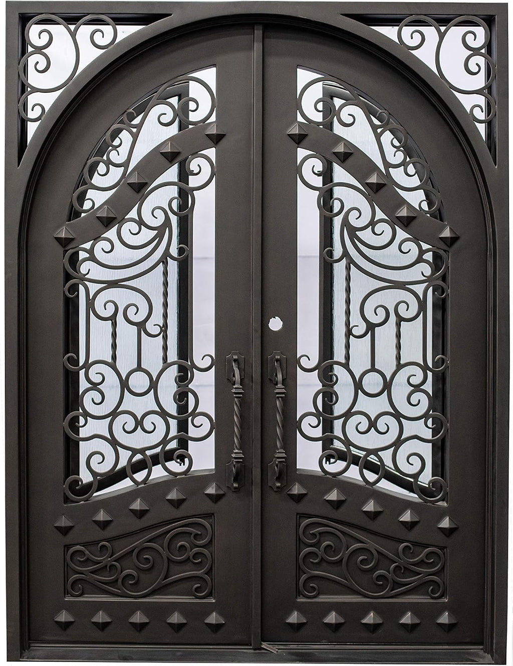 Canton Exterior Double Front Entry Door Wrought Iron with Operable Tempered Rain Glass Inside Swing Dark Bronze Finish (72 By 108 Right Hinge Active)