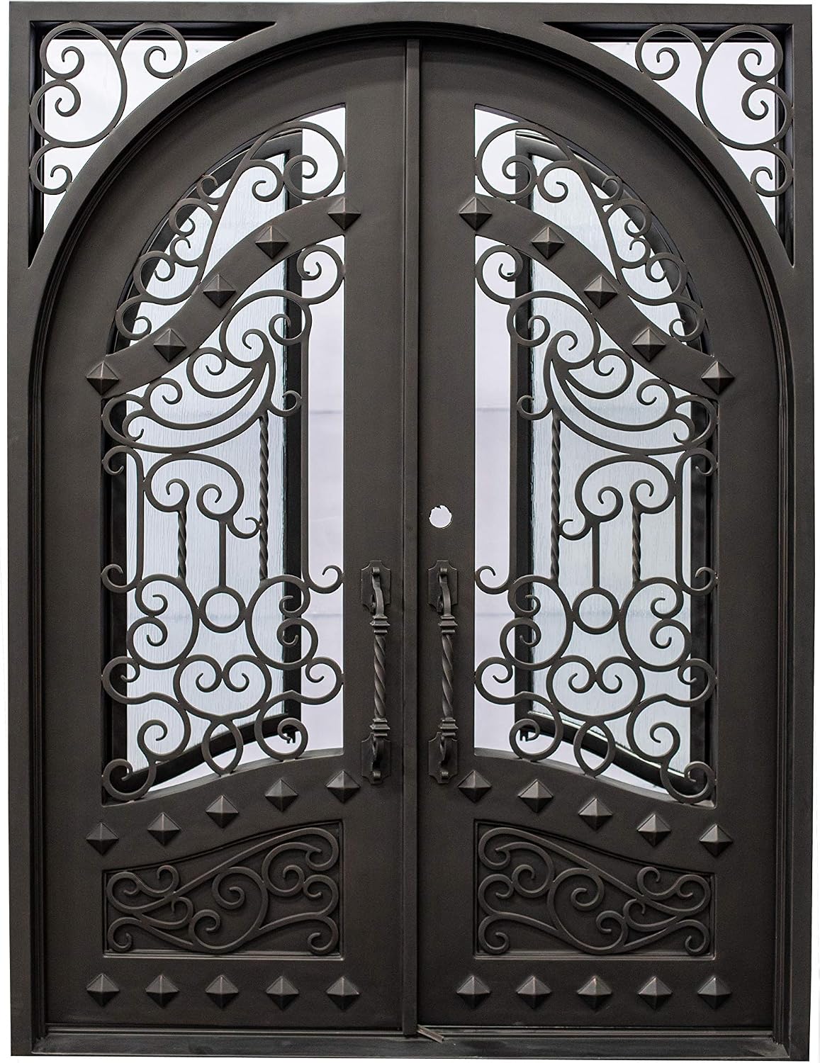 Canton Exterior Double Front Entry Door Wrought Iron with Operable Tempered Rain Glass Inside Swing Dark Bronze Finish (72 By 108 Right Hinge Active)