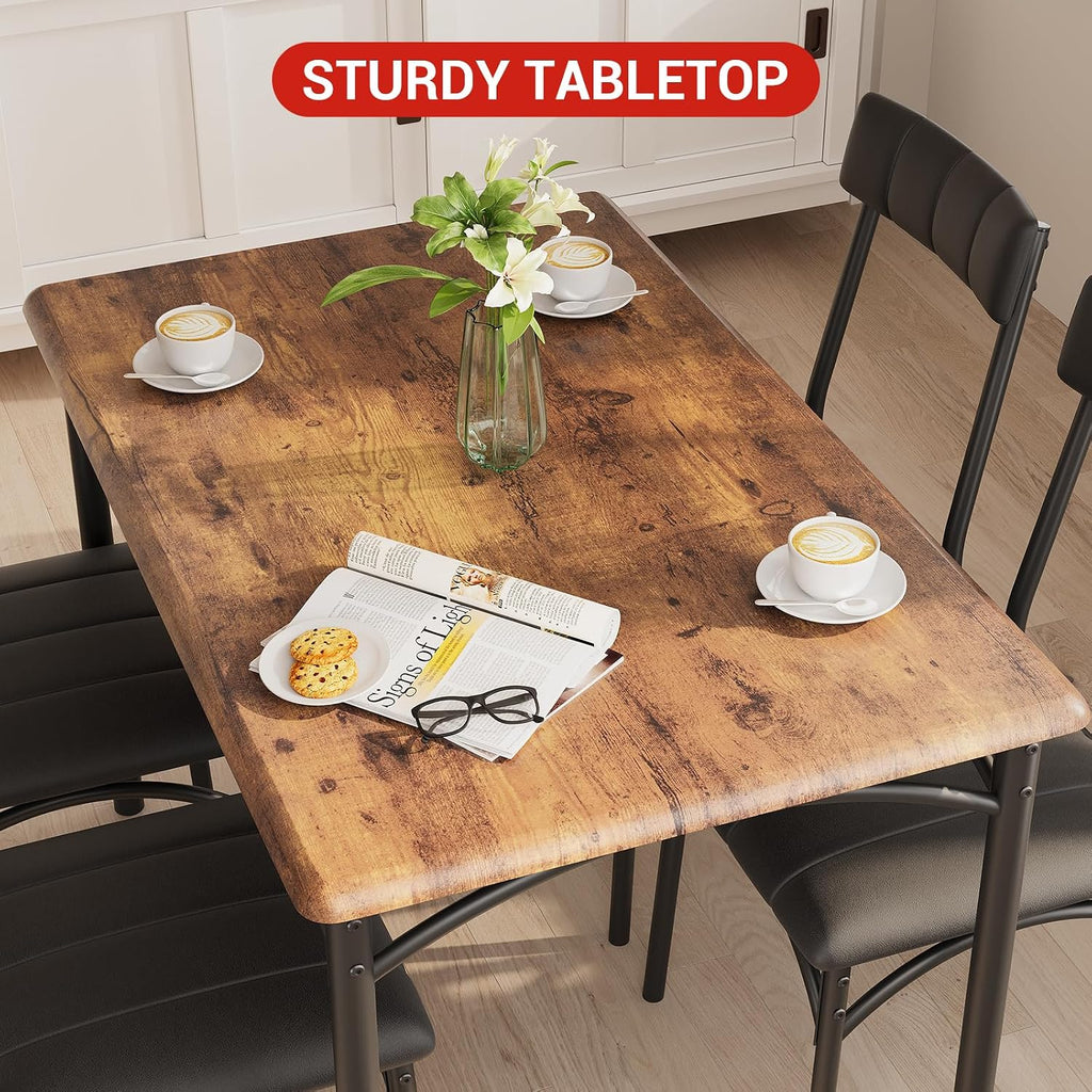 GarveeHome Dining Table Set for 4, Kitchen Table with 4 Upholstered Chairs, Wood Rectangular Dining Table and Chairs Set, for Small Space, Apartment, Dinner, Rustic Brown