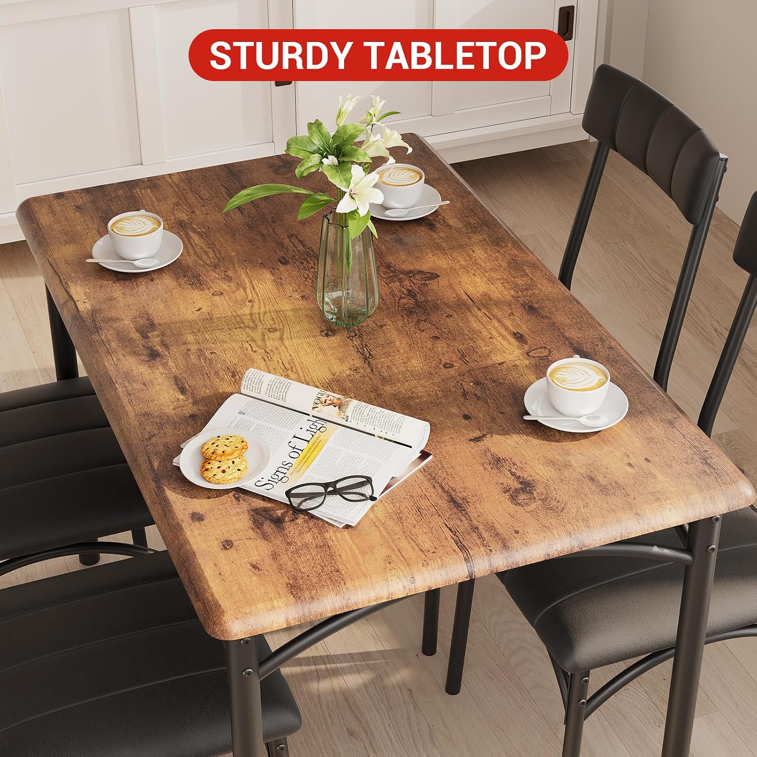 GarveeHome Dining Table Set for 4, Kitchen Table with 4 Upholstered Chairs, Wood Rectangular Dining Table and Chairs Set, for Small Space, Apartment, Dinner, Rustic Brown