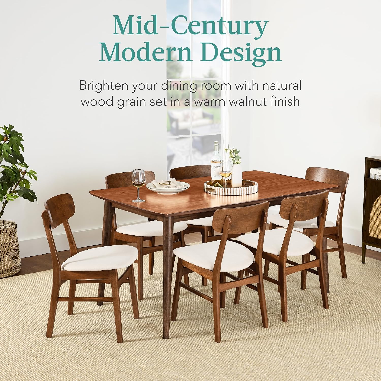 Best Choice Products 7-Piece Wooden Dining Room Table Set, Mid-Century Modern, Kitchen Table w/ 6 Chairs, Upholstered Cushions, Curved Backrests, Rounded Table Corners - Walnut/Cream