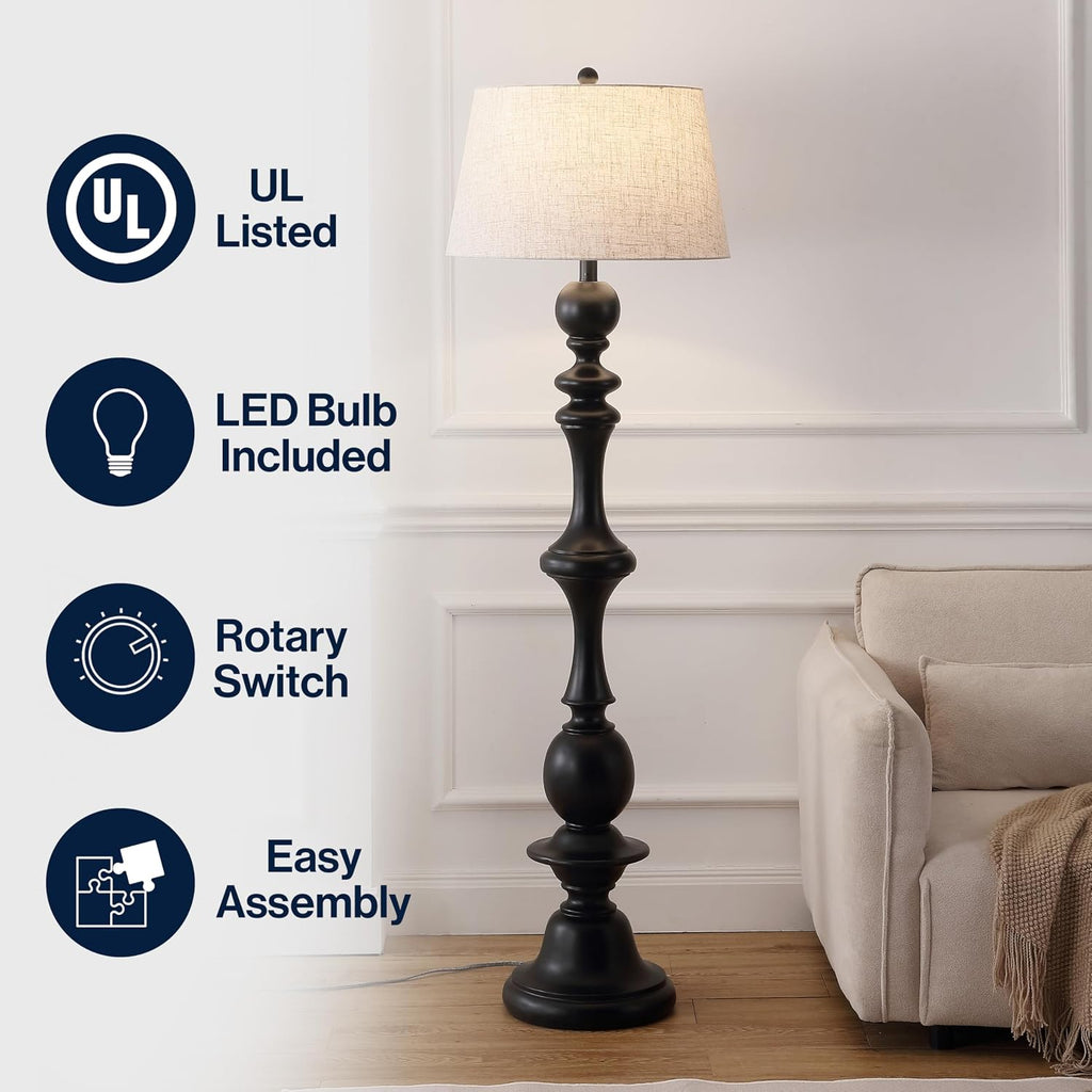 JONATHAN Y 67' Black Resin Candlestick Floor Lamp Farmhouse Rustic Traditional Standing Lamp for Living Room with Beige Linen Empire Shade LED Bulb Included JYL3000B