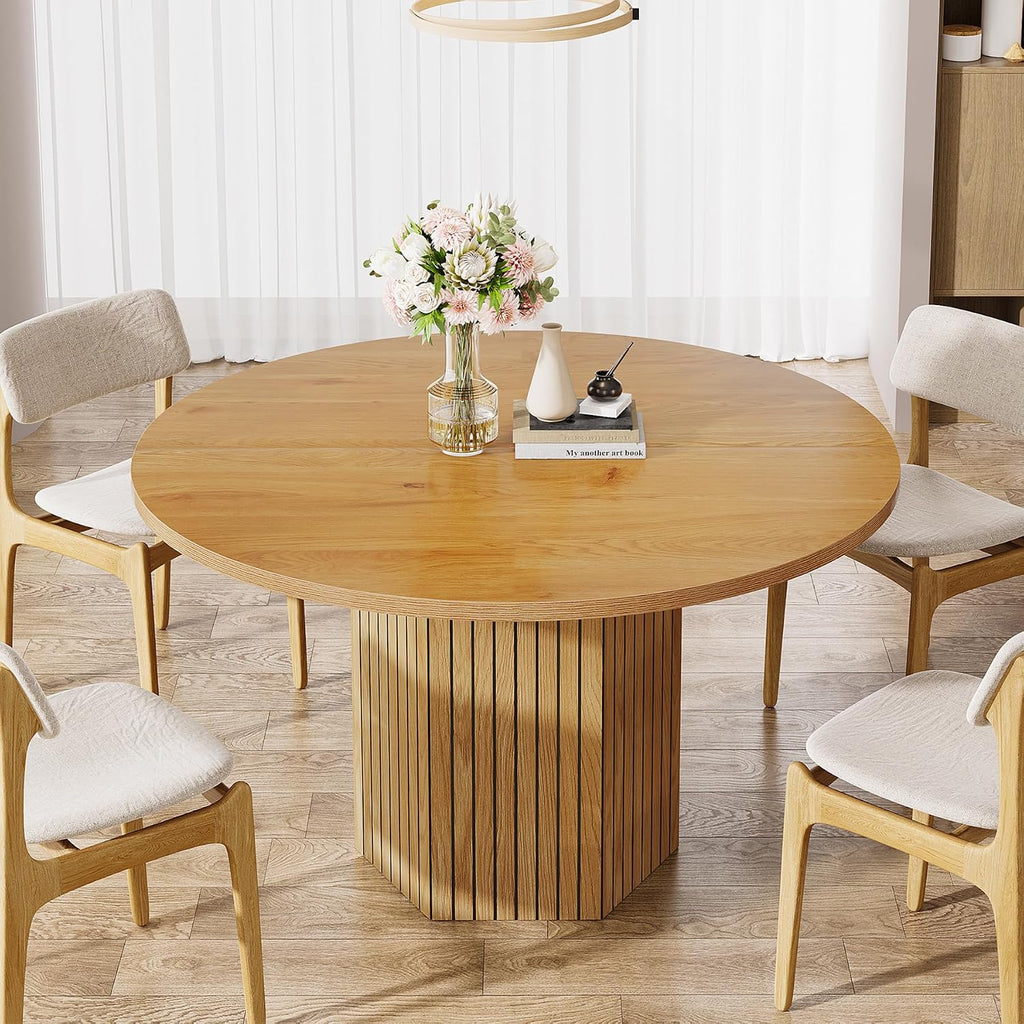 Tribesigns Wood Round Dining Table for Kitchen Room, 47 inch Dinner Table for 4 People with Heavy Duty Pedestal Base Circle Oak Tabletop for Kitchen Living Room, Natural Oak