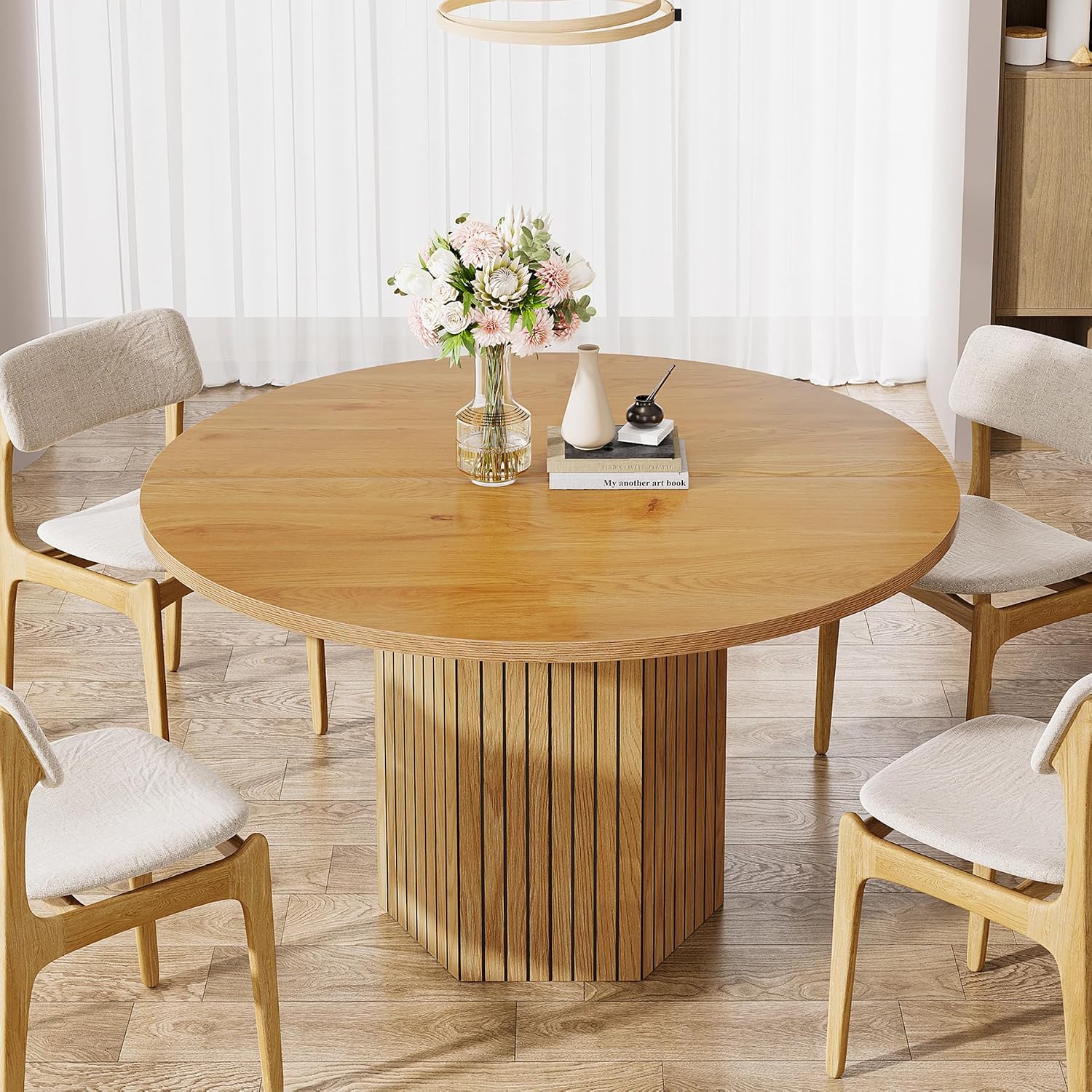 Tribesigns Wood Round Dining Table for Kitchen Room, 47 inch Dinner Table for 4 People with Heavy Duty Pedestal Base Circle Oak Tabletop for Kitchen Living Room, Natural Oak