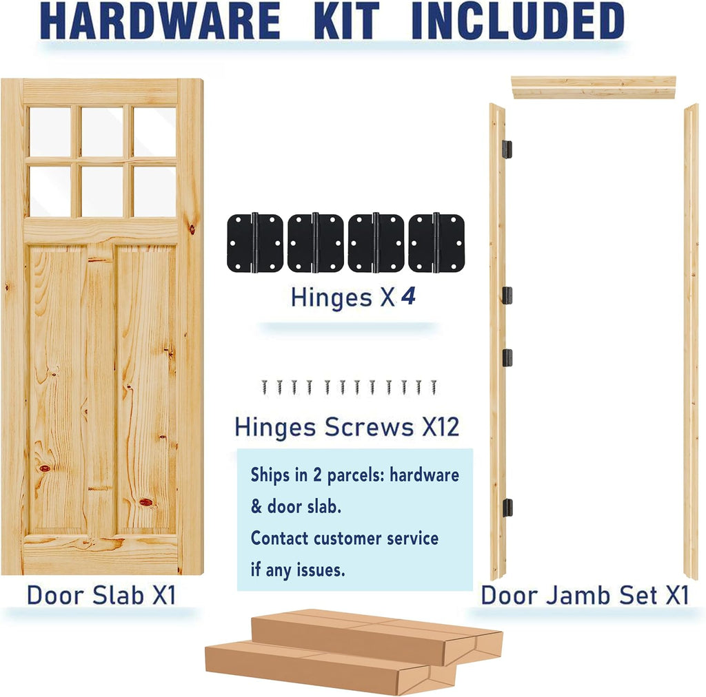 Front Door 32' x 80', 6-Lite Clear Glass Exterior Prehung Door, Right-Hand Inswing Entry Door, Solid Wood Frame, Door Slab + Prehung Door Jamb Kit with 4 Black Hinges, Waterproof Primer