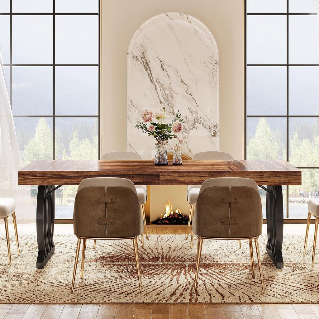 Tribesigns 63-Inch Dining Table for 4-6, Modern Kitchen Table with Faux Marble Tabletop and Geometric Legs, Rectangle Dining Room Furniture for Living Room, Kitchen, Rustic Brown and Black