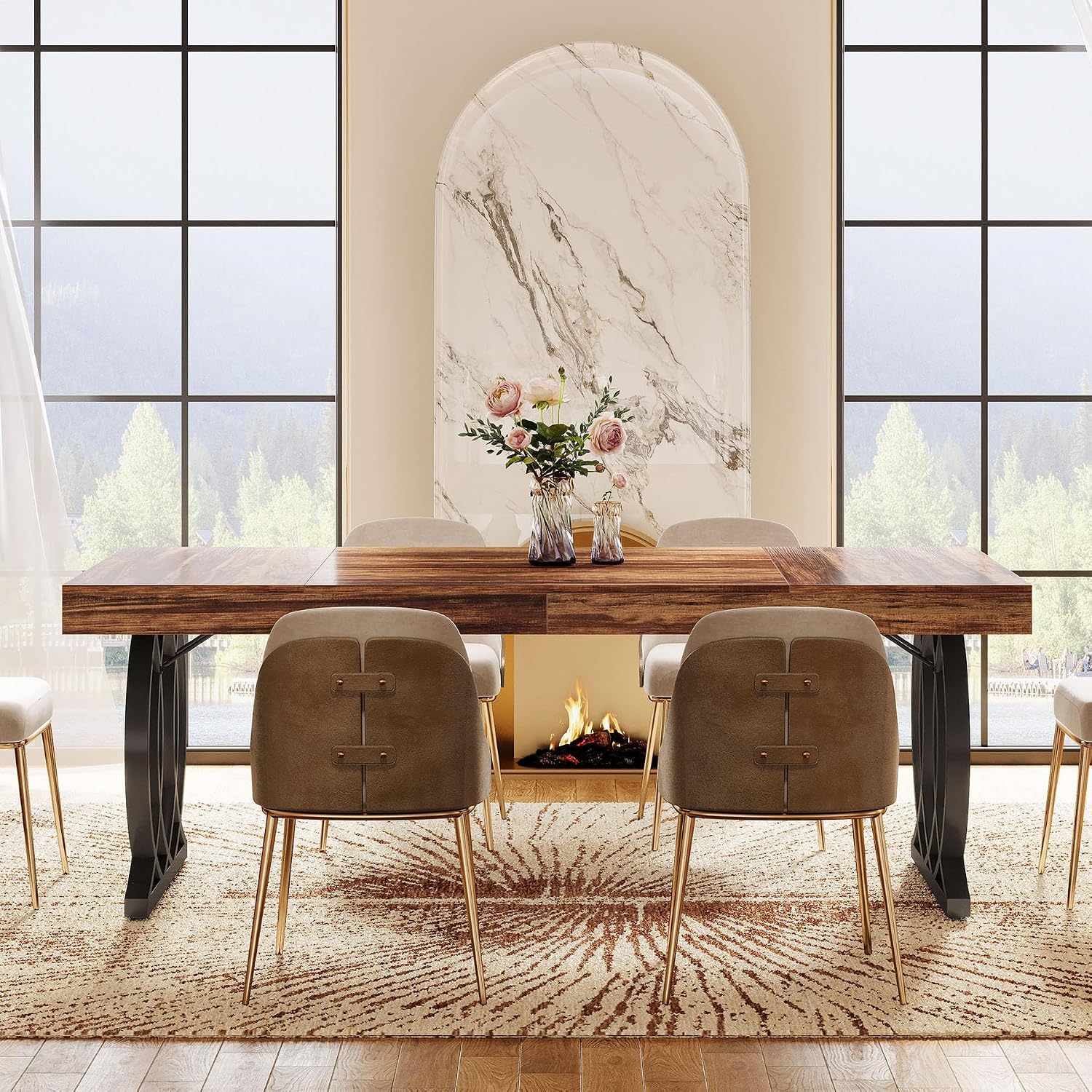 Tribesigns 63-Inch Dining Table for 4-6, Modern Kitchen Table with Faux Marble Tabletop and Geometric Legs, Rectangle Dining Room Furniture for Living Room, Kitchen, Rustic Brown and Black