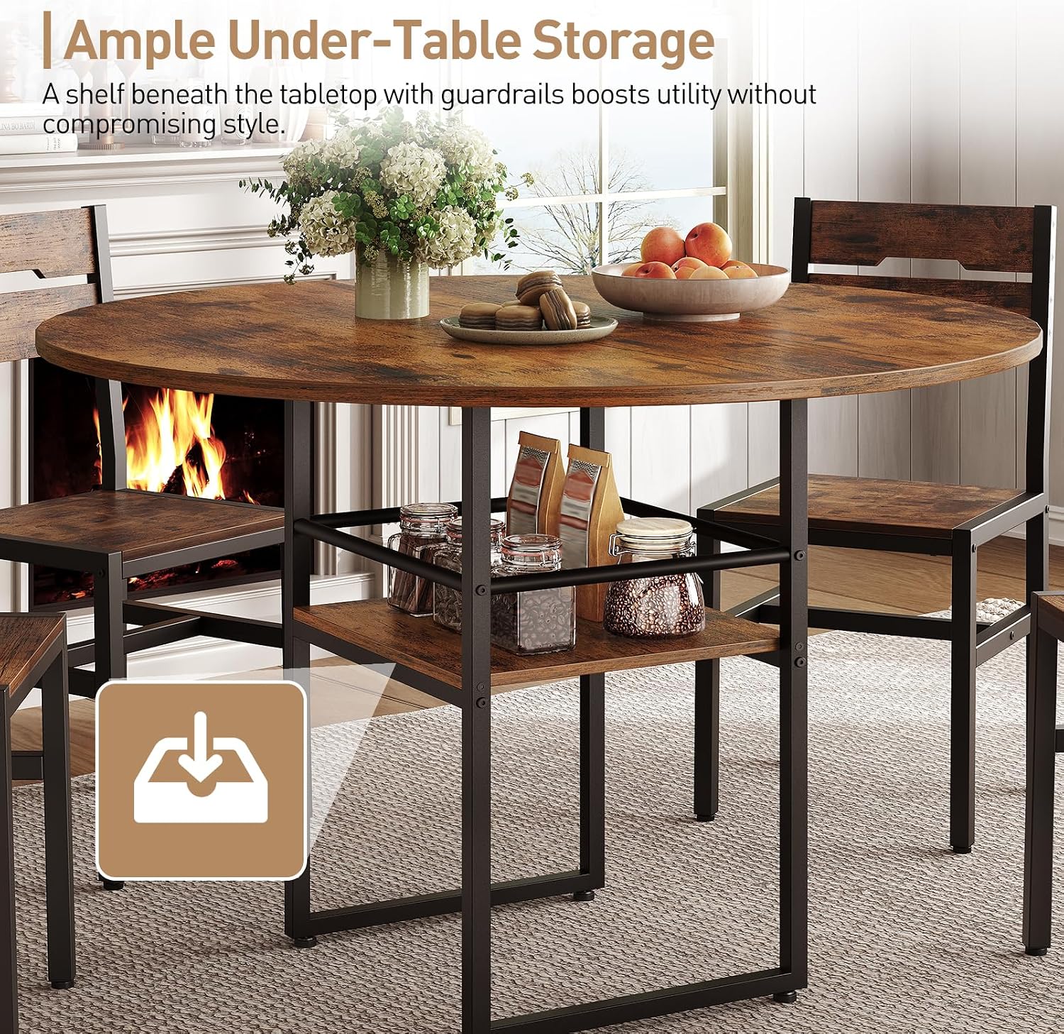 RALGEND 47.2' Round Dining Table Set for 4, Circle Kitchen Table and 4 Chairs, 5 piece Dining Table Set, with Wooden Tabletop and Widen Seat, Space Saving, for Dining Room, Rustic Brown and Black