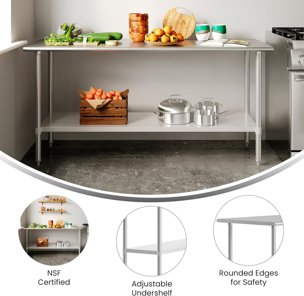 Flash Furniture Reese NSF Certified Stainless Steel Kitchen Prep and Work Table, Commercial Work Table with Storage, 72' W x 24' D x 34.5' H, Silver