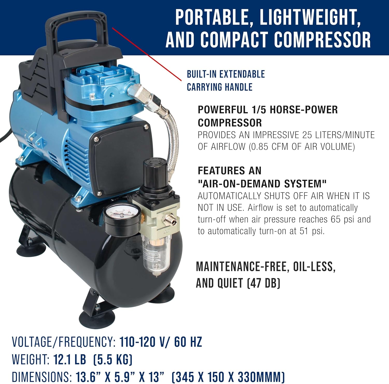 Master Airbrush 1/5 HP Cool-Runner Dual Fan Tank Air Compressor Kit Model TC-426 - Professional Single-Piston with 2 Cooling Fans, Runs Longer without Overheating - Regulator Water Trap, Holder