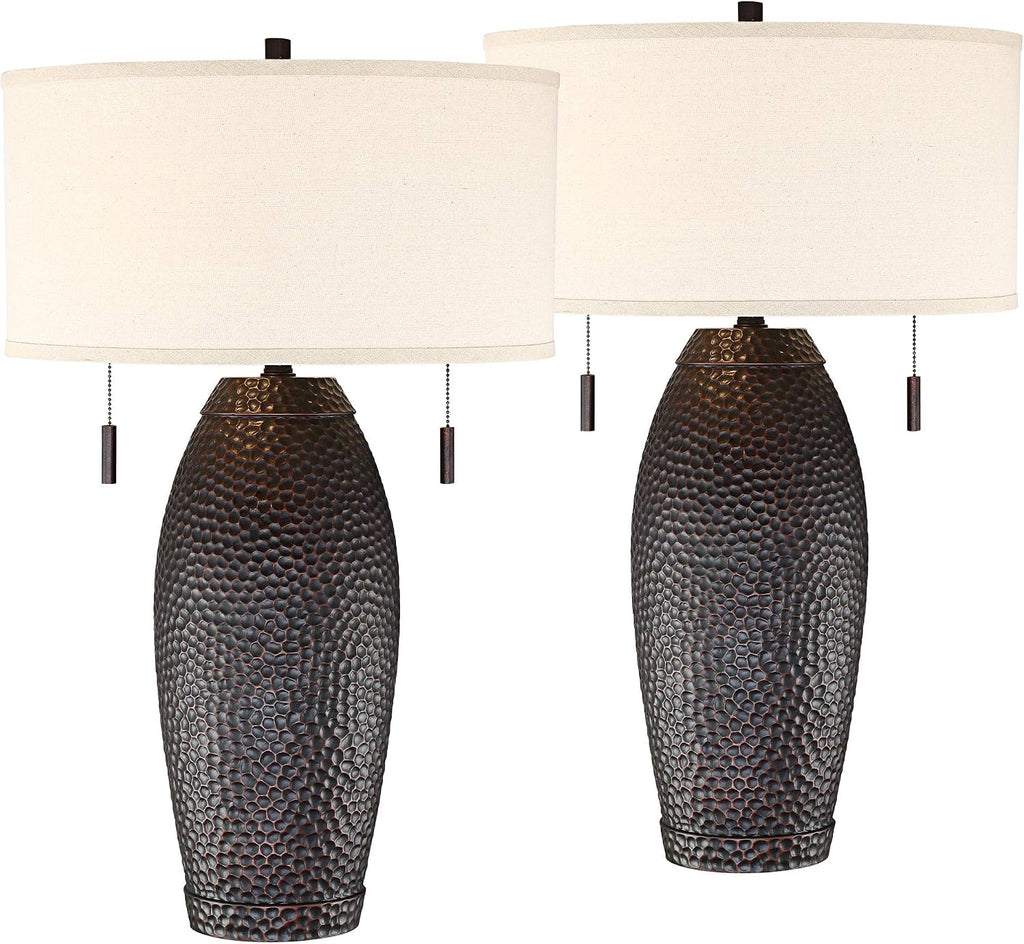 Franklin Iron Works Noah 31' Tall Vase Large Farmhouse Rustic Mission Western End Table Lamps Set of 2 Pull Chain Brown Hammered Bronze Finish Living Room Bedroom Bedside Nightstand Oatmeal Shade