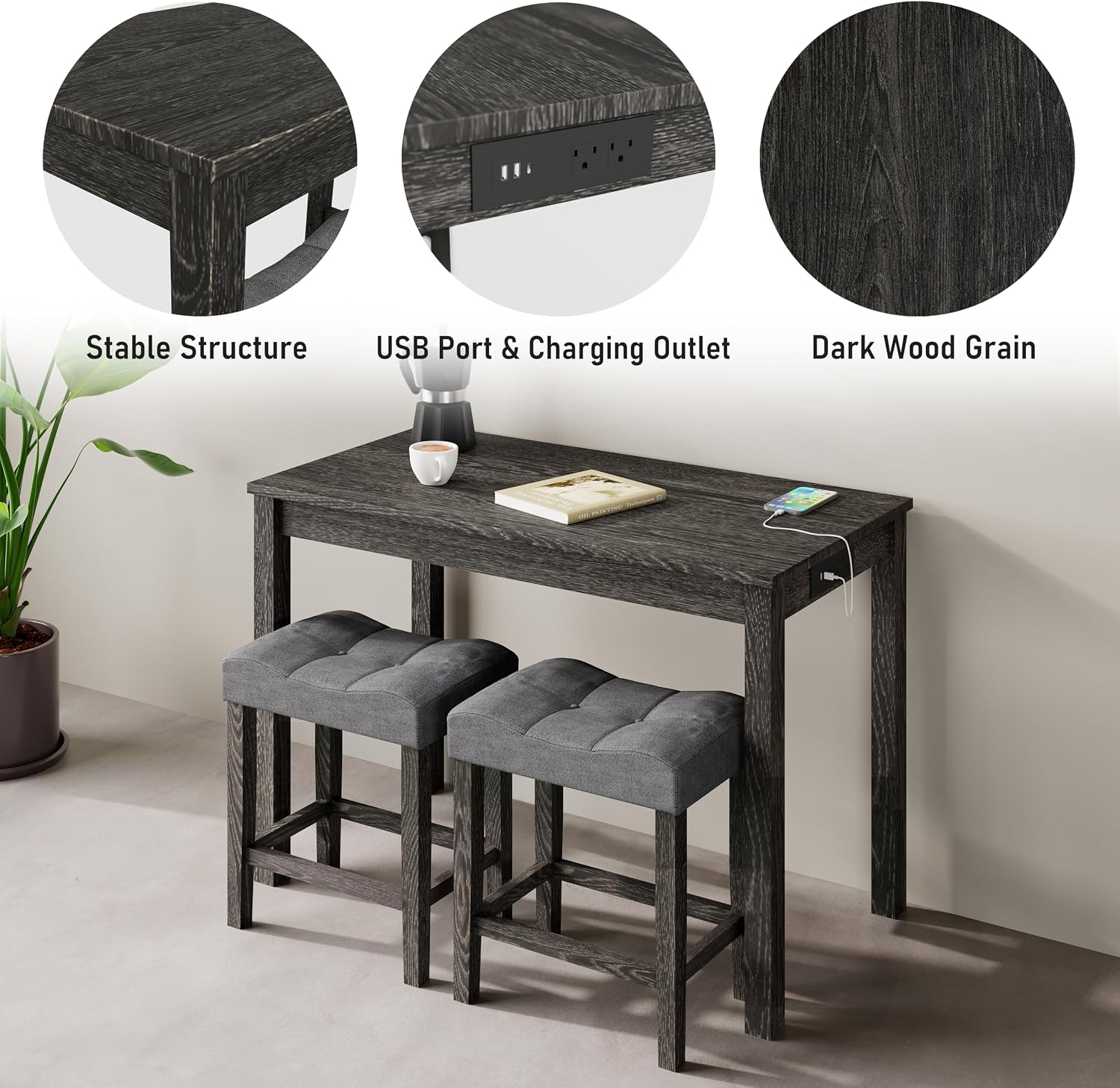 allamazing 3-Piece Counter Height Bar Table Set with Socket and 2 Fabric Padded Bar Stools, Tall Kitchen Breakfast Dining Table Set with Stools (1+2 Black)