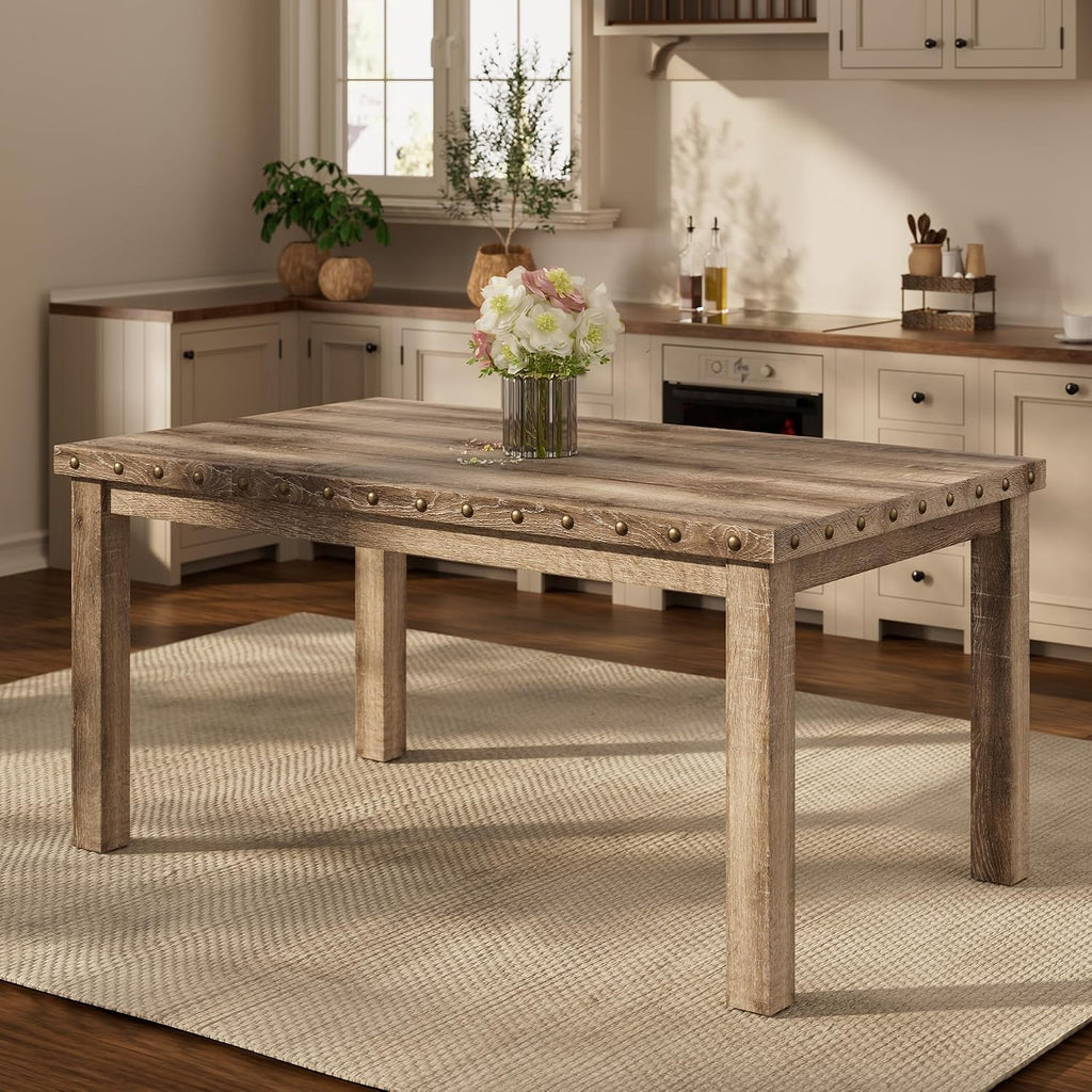 Morden Fort Farmhouse Rectangular Wooden Dining Table, Rustic 60' Kitchen & Dining Room Table with Woodgrain Tabletop, Rivet Accents & Solid Wood Legs