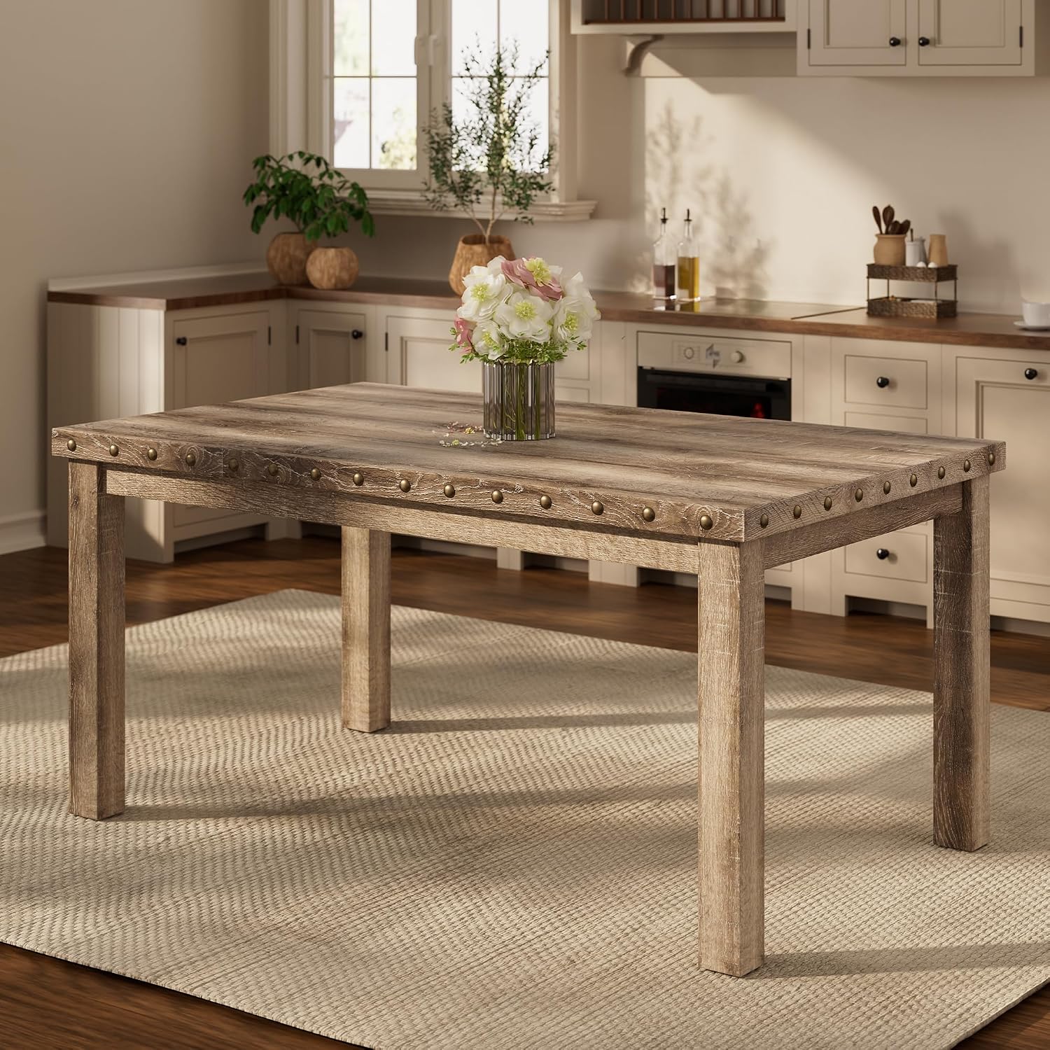 Morden Fort Farmhouse Rectangular Wooden Dining Table, Rustic 60' Kitchen & Dining Room Table with Woodgrain Tabletop, Rivet Accents & Solid Wood Legs