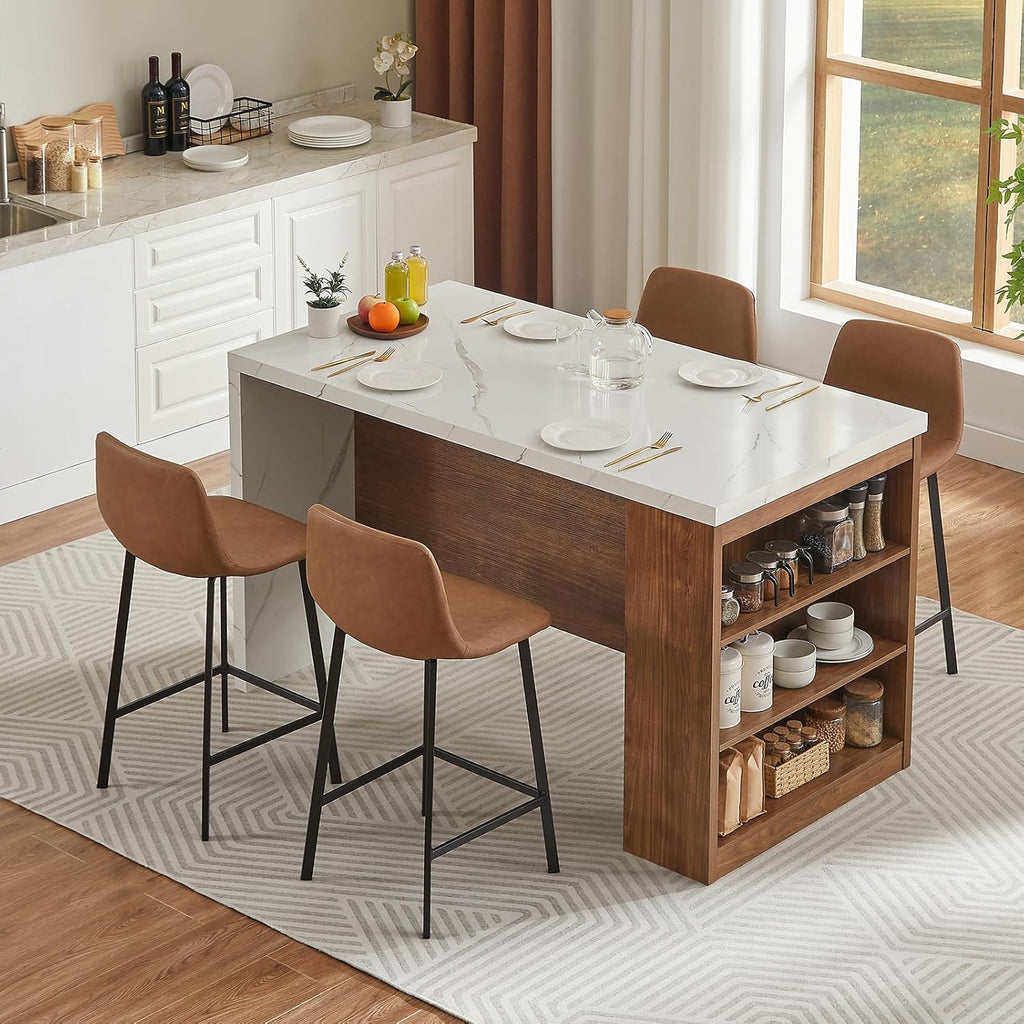 ONBRILL 61'*31' Whole Board of Tabletop Kitchen Island Table with Storage Space, Power Outlet & LED Lights, Modern Imitation Marble Large Counter Height Dining Table for 4 (White)