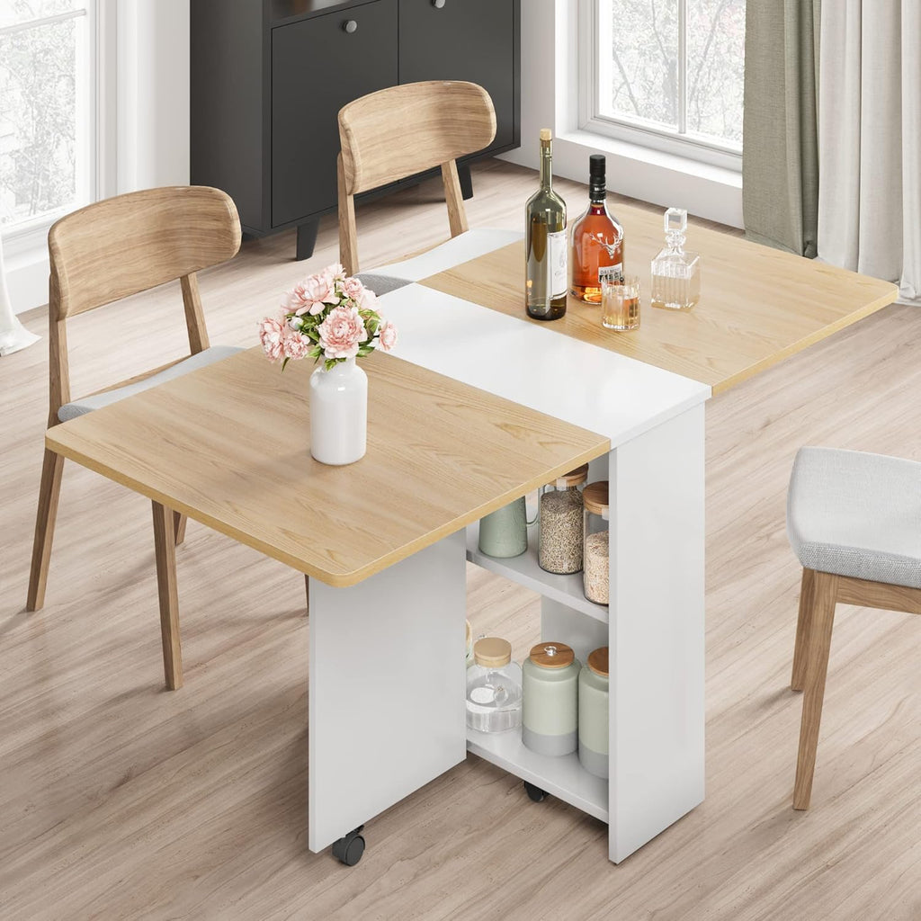 GarveeHome Folding Dining Table, Space Saving Farmhouse Dining Table for 4 Storage Shelf, 6 Wheels Multipose Expandable Kitchen Drop Leaf Table for Small Spac