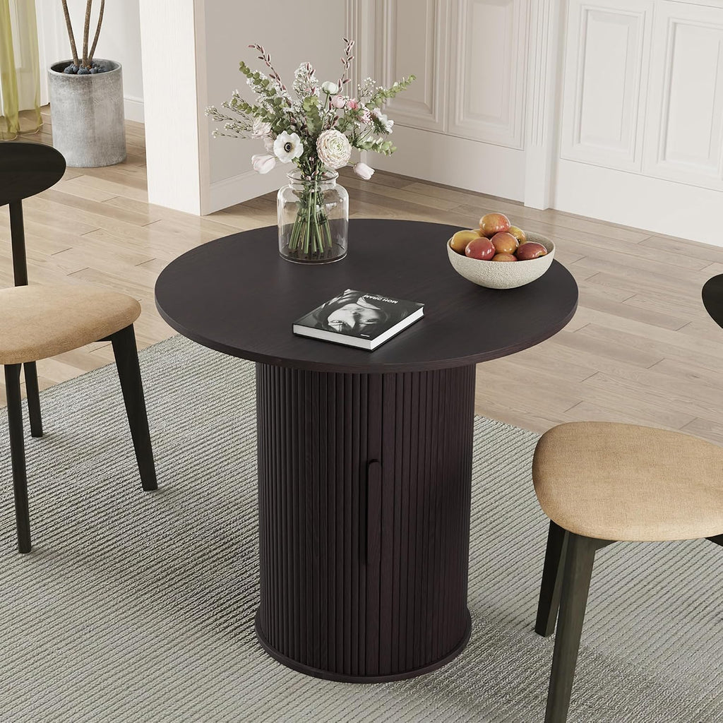 31.5' Round Dining Table for 2-4, Modern Kitchen Table with 2-Tier Storage Shelf, Small Wooden Circle Dining Tables with Fluted Base for Home Dining Room Living Room (Blackened Brown)