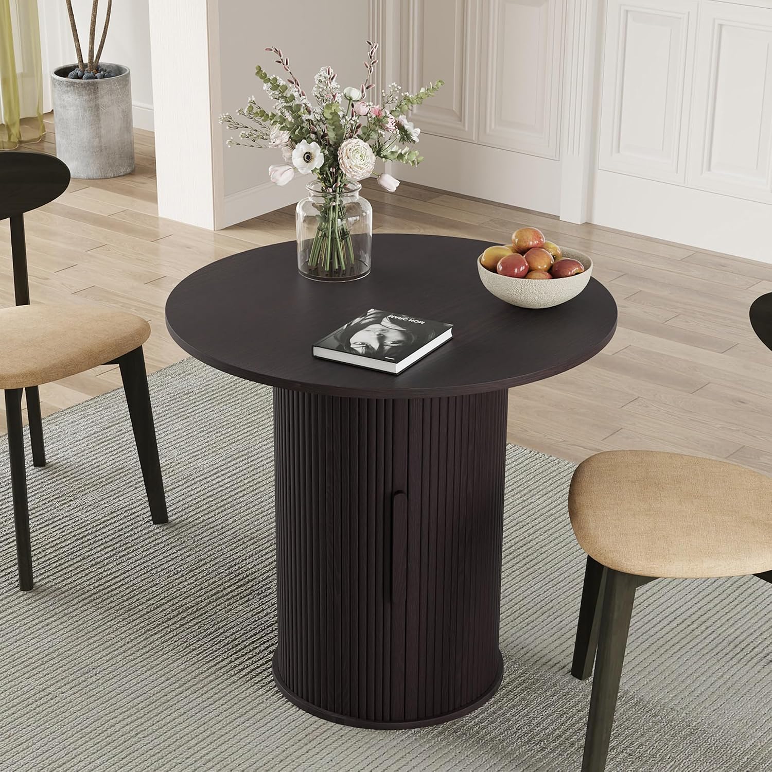 31.5' Round Dining Table for 2-4, Modern Kitchen Table with 2-Tier Storage Shelf, Small Wooden Circle Dining Tables with Fluted Base for Home Dining Room Living Room (Blackened Brown)