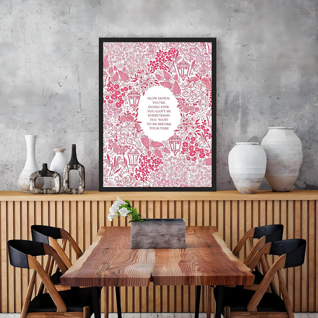 Black Framed Slow Down You're Doing Fine Music Posters Pink Motivational Quote Wall Art Vintage Floral Positive Daily Reminder Song Lyrics Canvas Print Aesthetic Bedroom Home Decor 24x36inch