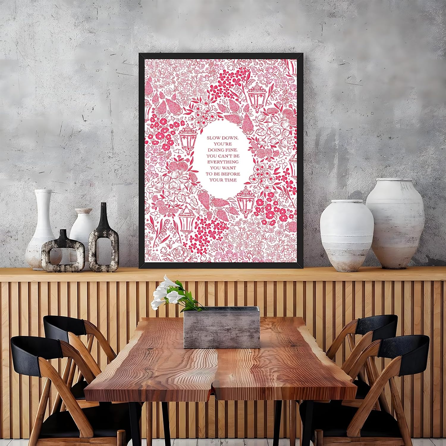 Black Framed Slow Down You're Doing Fine Music Posters Pink Motivational Quote Wall Art Vintage Floral Positive Daily Reminder Song Lyrics Canvas Print Aesthetic Bedroom Home Decor 24x36inch