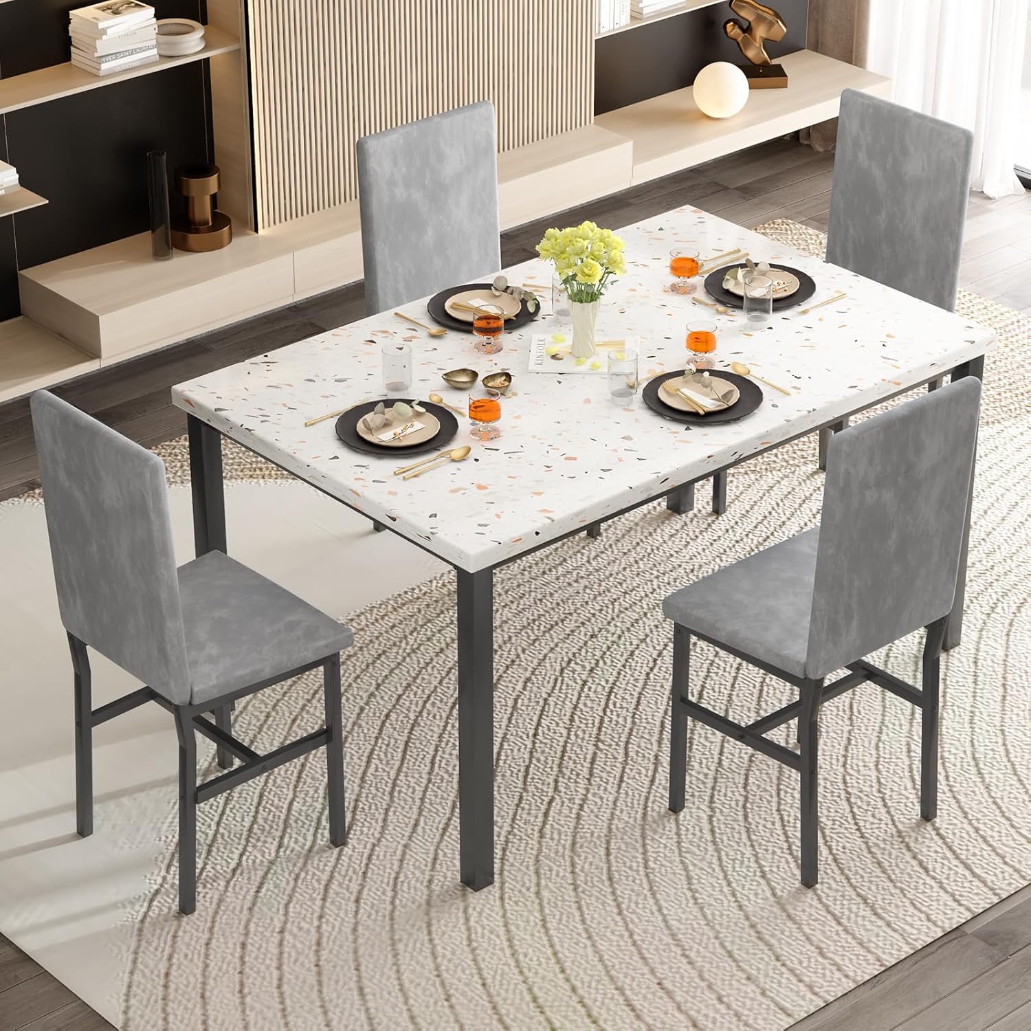 Hooseng 5 Piece Dining Table Set for 4, Small Faux Marble Kitchen Table with 4 Velvet Chairs, Modern Dining Room Table Set for Small Space, Breakfast Nook, Dinette