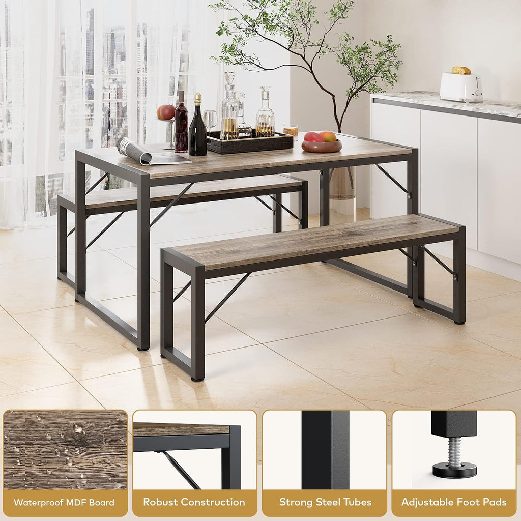 Gizoon 45.5' Dining Table Set for 4 with 2 Benches, Kitchen Table Set with Metal Frame & MDF Board, Space-Saving Dinette for Kitchen, Dining Room -Grey
