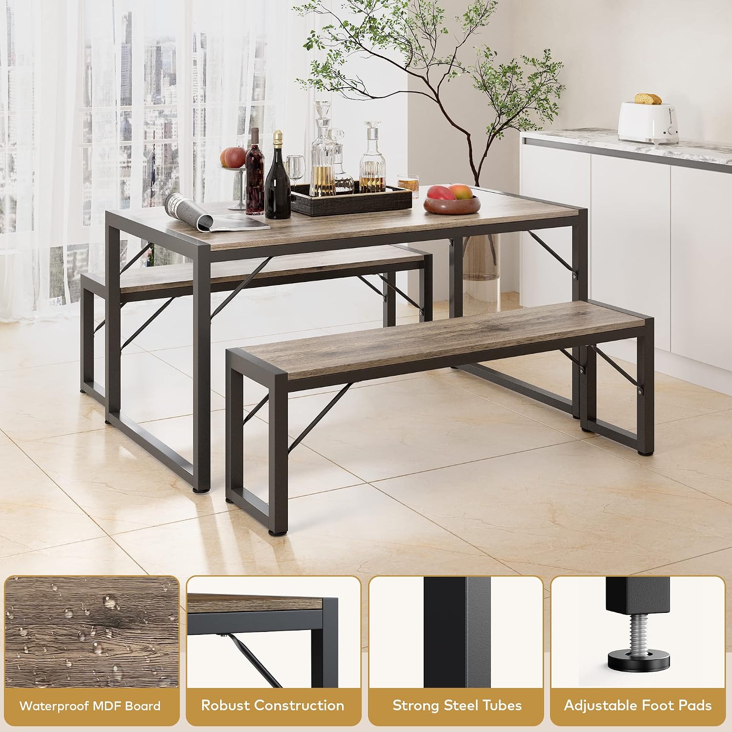 Gizoon 45.5' Dining Table Set for 4 with 2 Benches, Kitchen Table Set with Metal Frame & MDF Board, Space-Saving Dinette for Kitchen, Dining Room -Grey