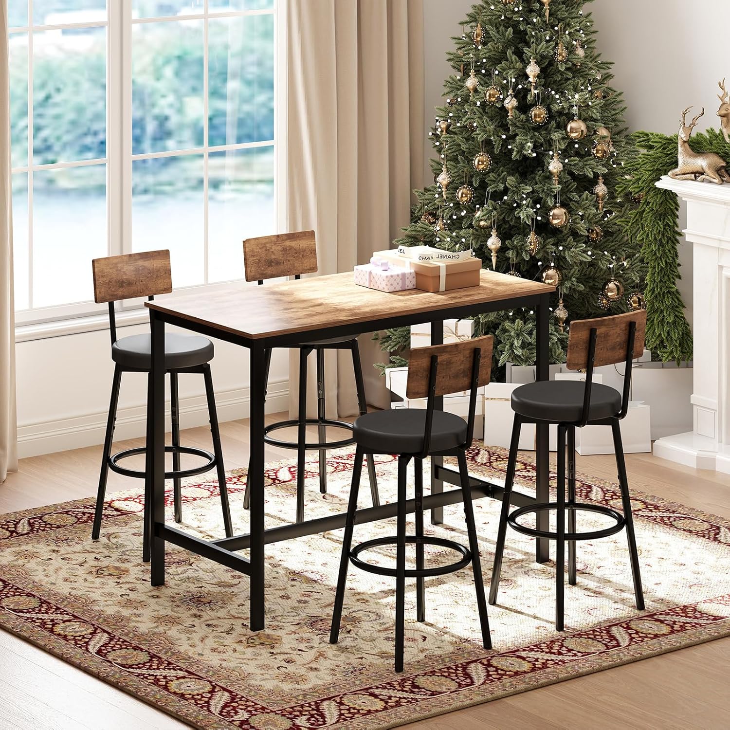 Zevemomo Dining Table Set for 4, 5-Piece Bar Table Set, Kitchen Table and Chairs, Counter Height High Top Table with 4 PU Upholstered Stools, Space-Saving Pub Table Sets for Small Space, Brown