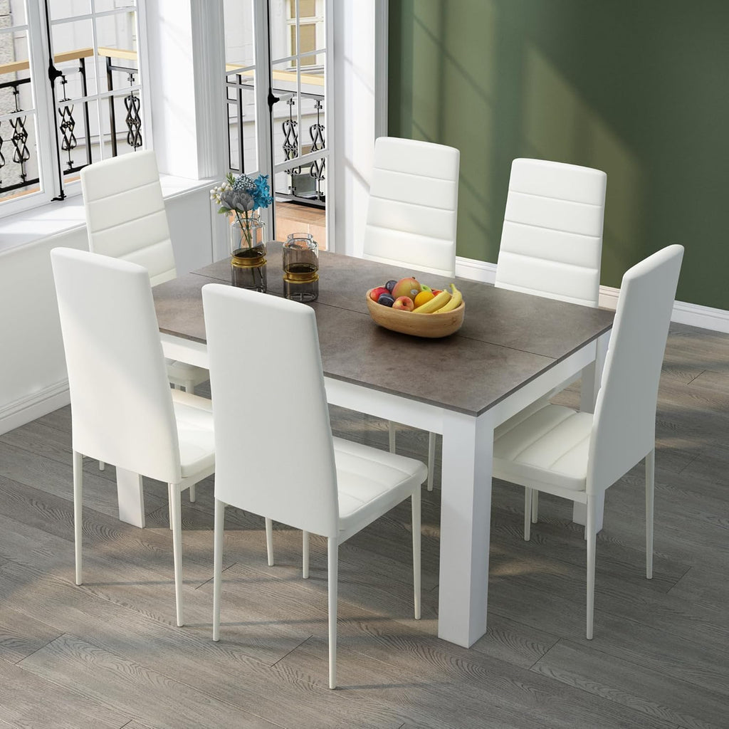 Mondeer Dining Table and Chairs Set 6, 7 Pieces Kitchen Table Set with High Back Faux Leather Chair for Dining Room Kitchen Rectangular Modern (Grey Table White Chairs)