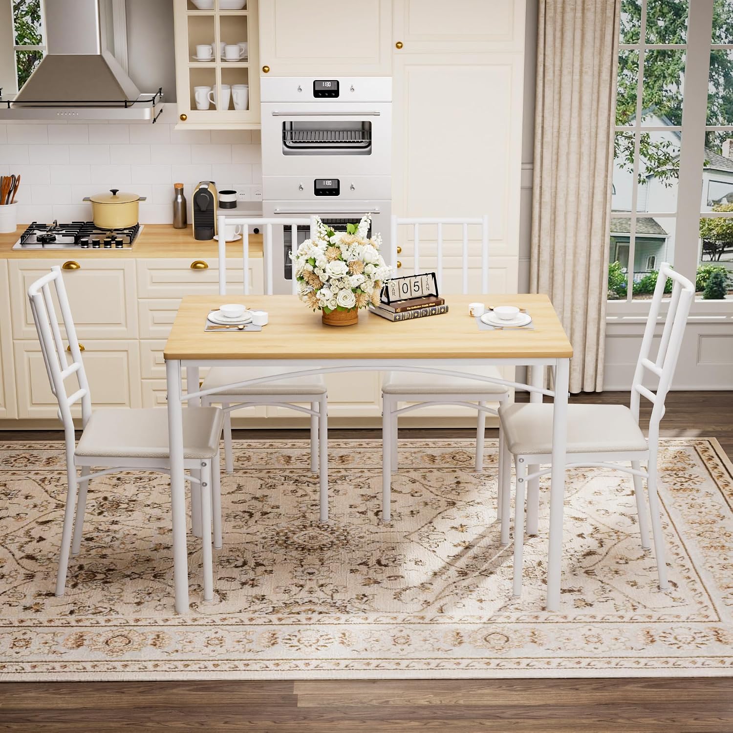 Dining Table Set for 4, Industrial Kitchen Table Set with 4 Upholstered Chairs, Metal Table and Chairs Set for Kitchen, Dining Room, Living Room, Natural+White