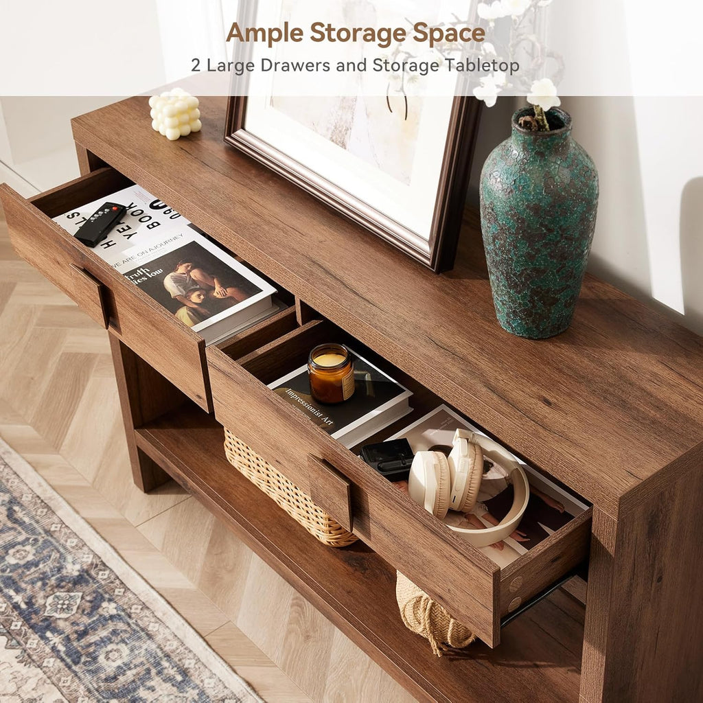 ONBRILL Console Table with Drawers, 47 Inch Narrow Entryway Table with Open Storage Shelves, Mid Century Modern Hallway Accent Tables Behind Couch Table for Living Room (Vintage Brown)