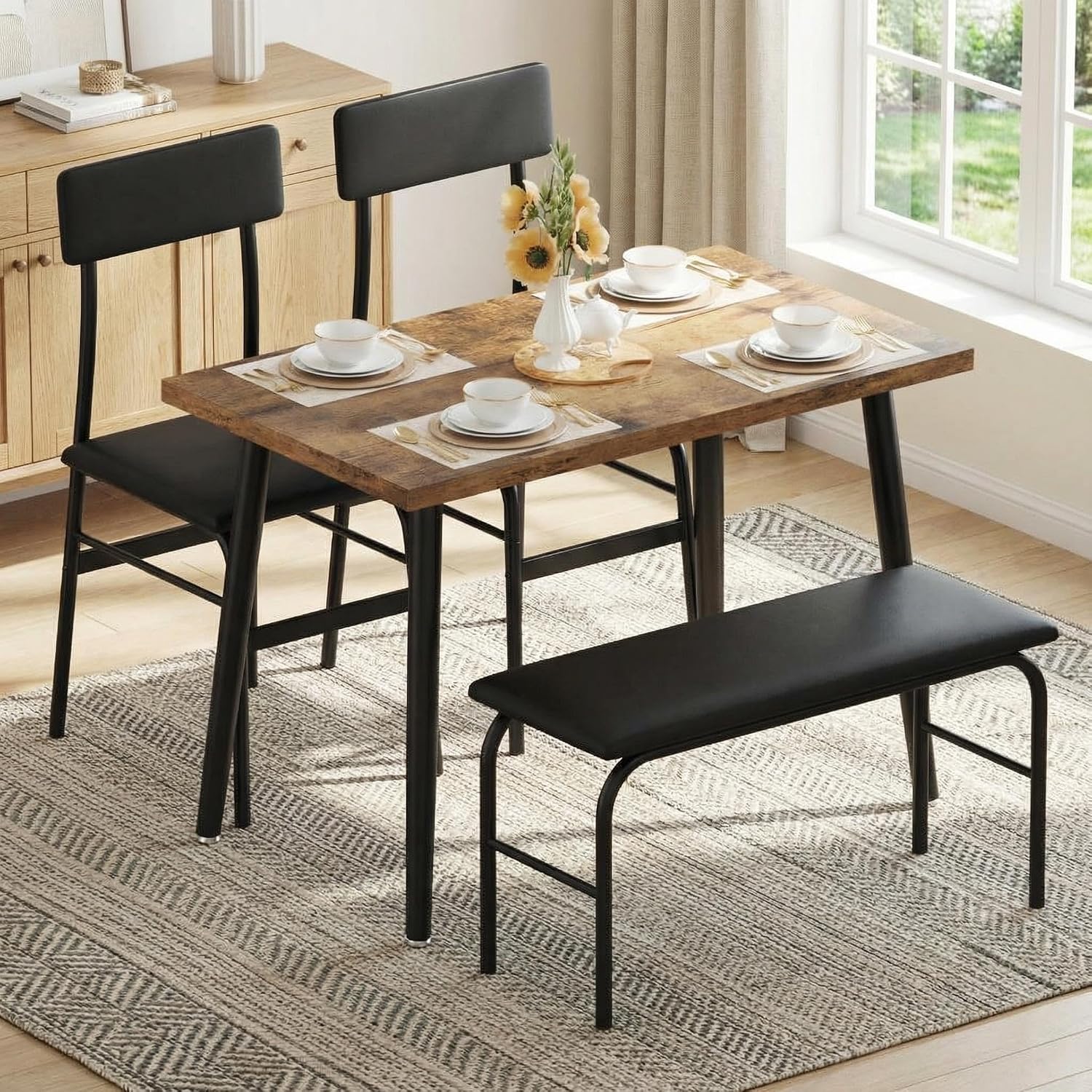 IDEALHOUSE Dining Table Set for 4, 4 Piece Kitchen Table Set with Upholstered Bench & 2 Chairs, Breakfast Table for Samll Space, Dining Room, Apartment, Restaurant, Rustic Brown