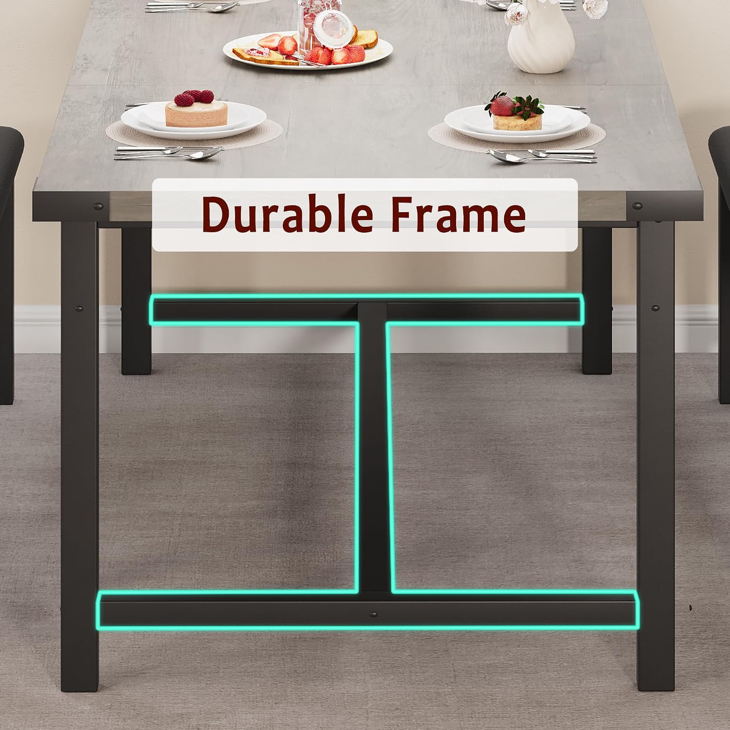 GAOMON Dining Table Set for 4-8, 63' Rectangular Wooden Extendable Kitchen Table with 2 Upholstered Benches & 4 Metal Corner Protectors, Small Dining Set & Sturdy Metal Frame, Space Saving, Retro Gray