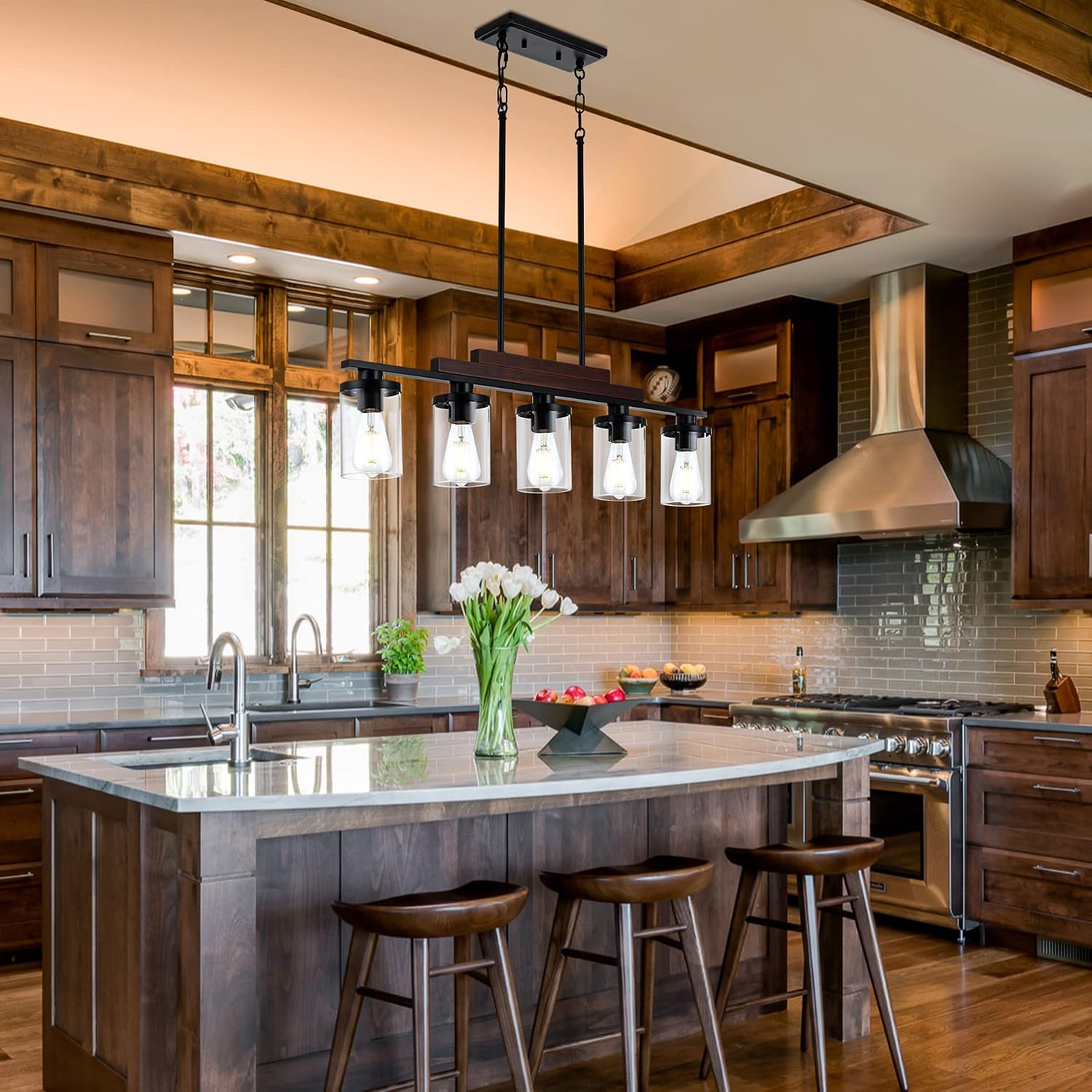 Dining Room Light Fixture/Chandelier Over Table,5-Light Kitchen Island Lighting Hanging for Farmhouse Linear Chandeliers Matte Black Rustic Wood Ceiling Pendant Light Fixtures with Clear Glass Shade