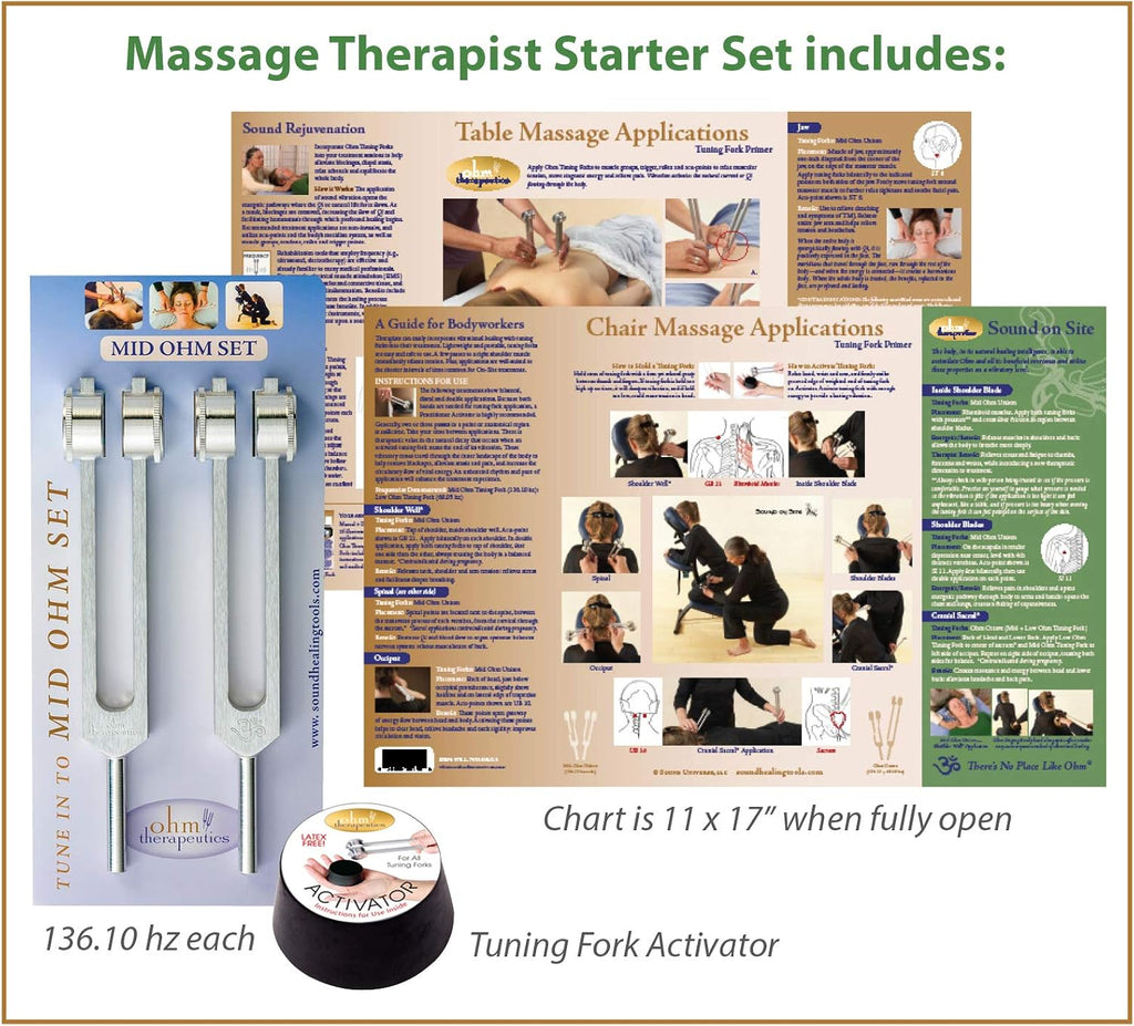 Ohm Therapeutics Massage Therapist Starter Set for Bodywork Practitioners and Sound Therapy Features Mid Ohm Set (2X 136.1 hz), Tuning Fork Activator, & Instructional Chart for Chair & Table Massage