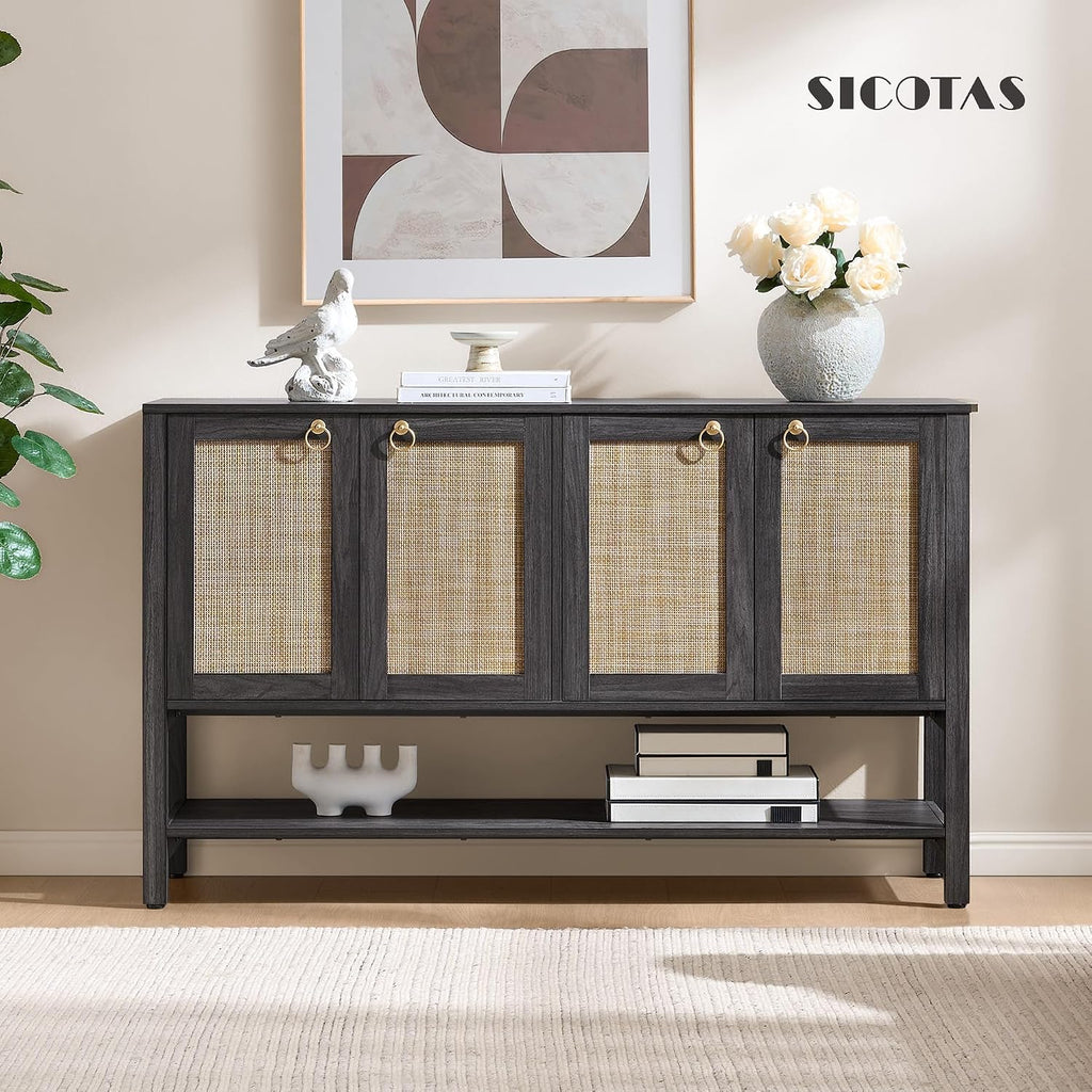 SICOTAS 55' Obsidian Sideboard Buffet Cabinet with Rattan Doors, Modern Industrial Coffee Bar Cabinet with Open Shelf, Black Wood Credenza & Console Table for Entryway, Kitchen, Dining Room