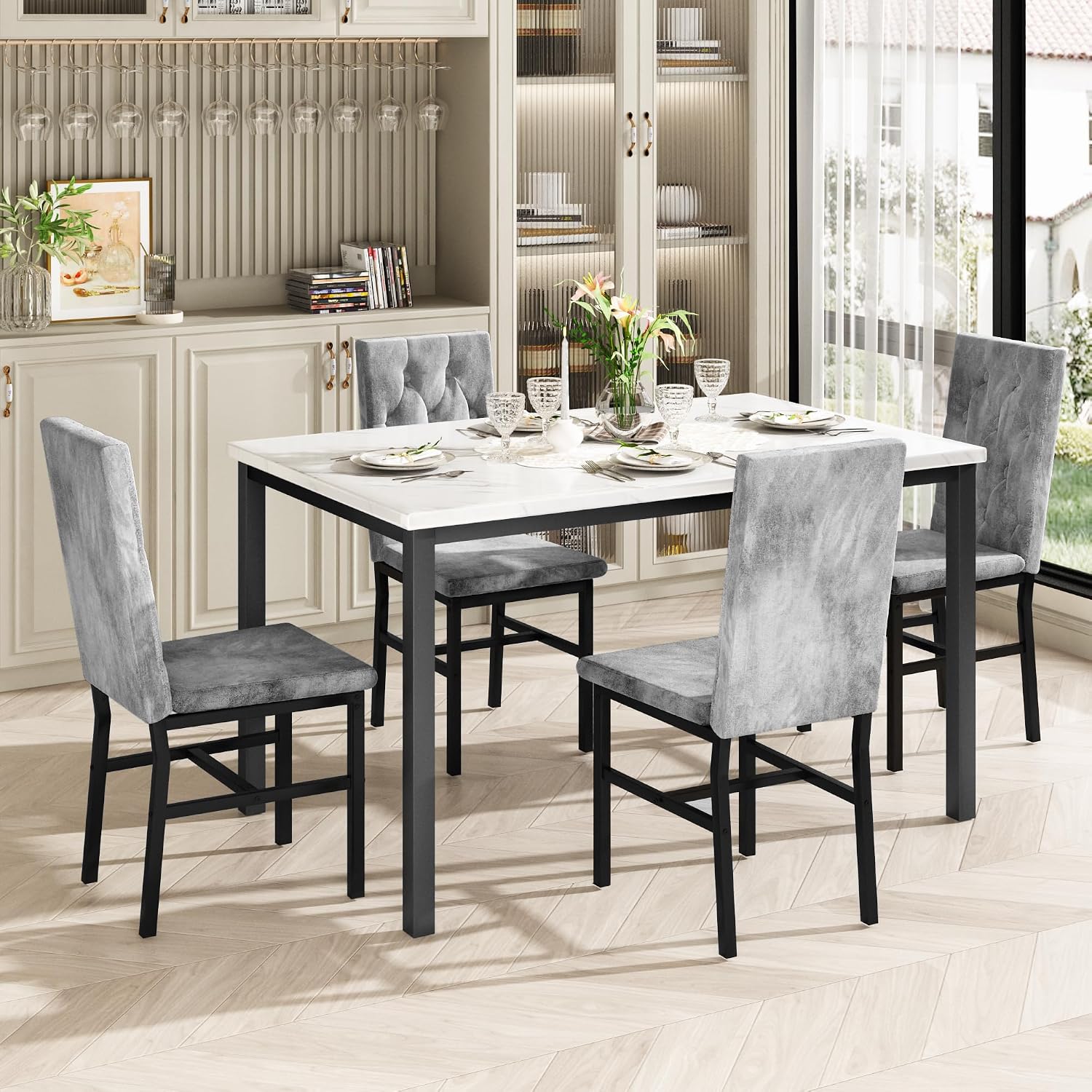 Hooseng Dining Table Set for 4, Faux Marble Small Kitchen Table Chairs Set of 4 with Luxurious Button Tufted Dinner Chairs for Kitchen and Dining