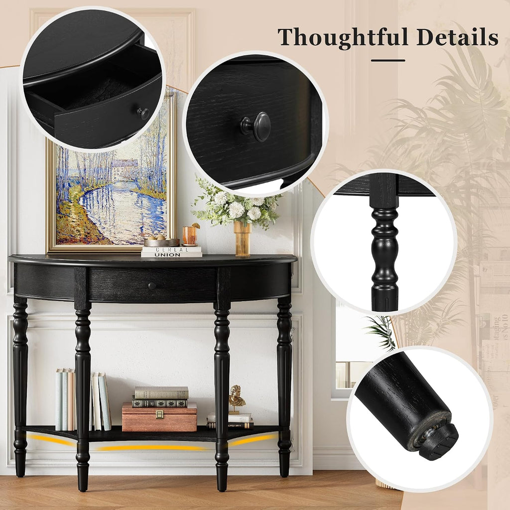 LKTART Farmhouse Half Moon Console Table with Solid Pinewood Frame and Legs,Modern Entryway Table,Small Sofa Table Behind Couch for Living Room,Hallway,Foyer (Black,39')