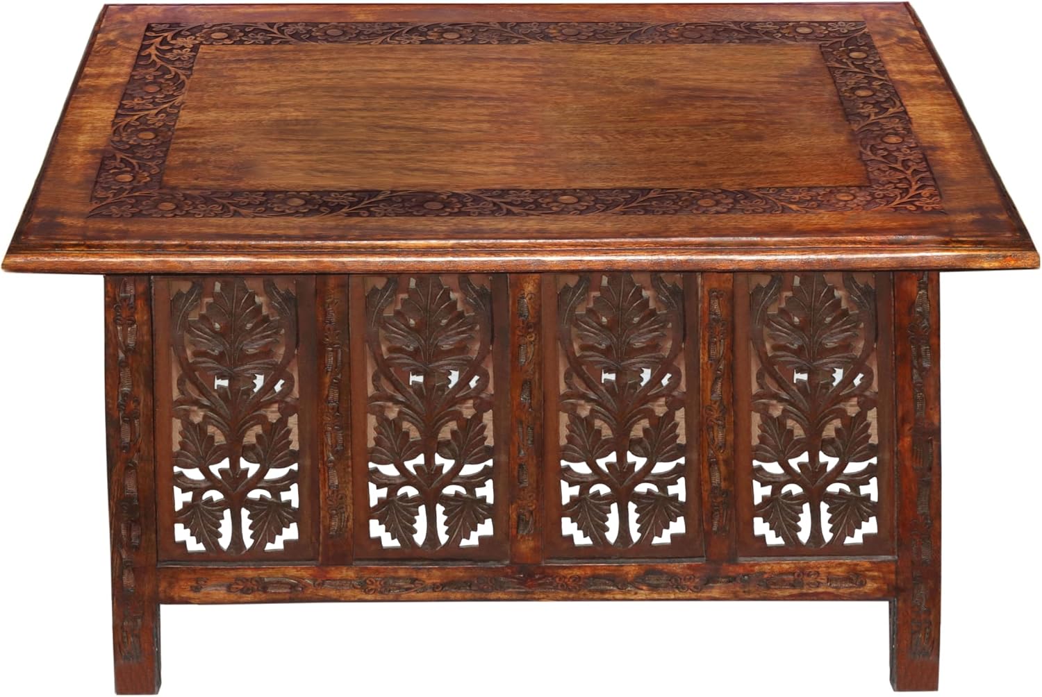 COTTON CRAFT Solid Wood Coffee Table – Hand Carved Center Table with Foldable Legs – Decorative Table for Living Room Small Spaces Entryway Bedroom - No Tools Assembly - 30 x 20 x 18 - Antique Brown