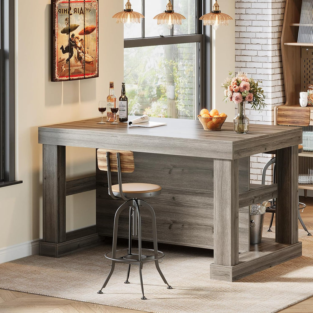 Tribesigns Bar Table, 55-Inch Counter Height Pub Table with Storage Shelves, High Top Kitchen Dining Table, Rectangle Wood Home Bar Unit for Dining Room, Bistro, Grey