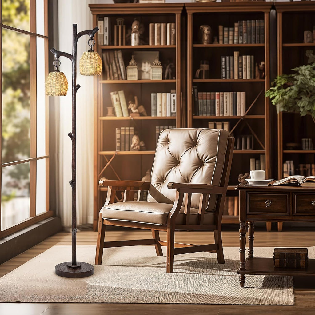 Scenekoy 68' High Farmhouse Rustic Country Cottage Floor Lamp Tree Trunk Faux Wood Column Dark Bronze Wicker Drum Shade Decor for Living Room Bedroom Reading Room