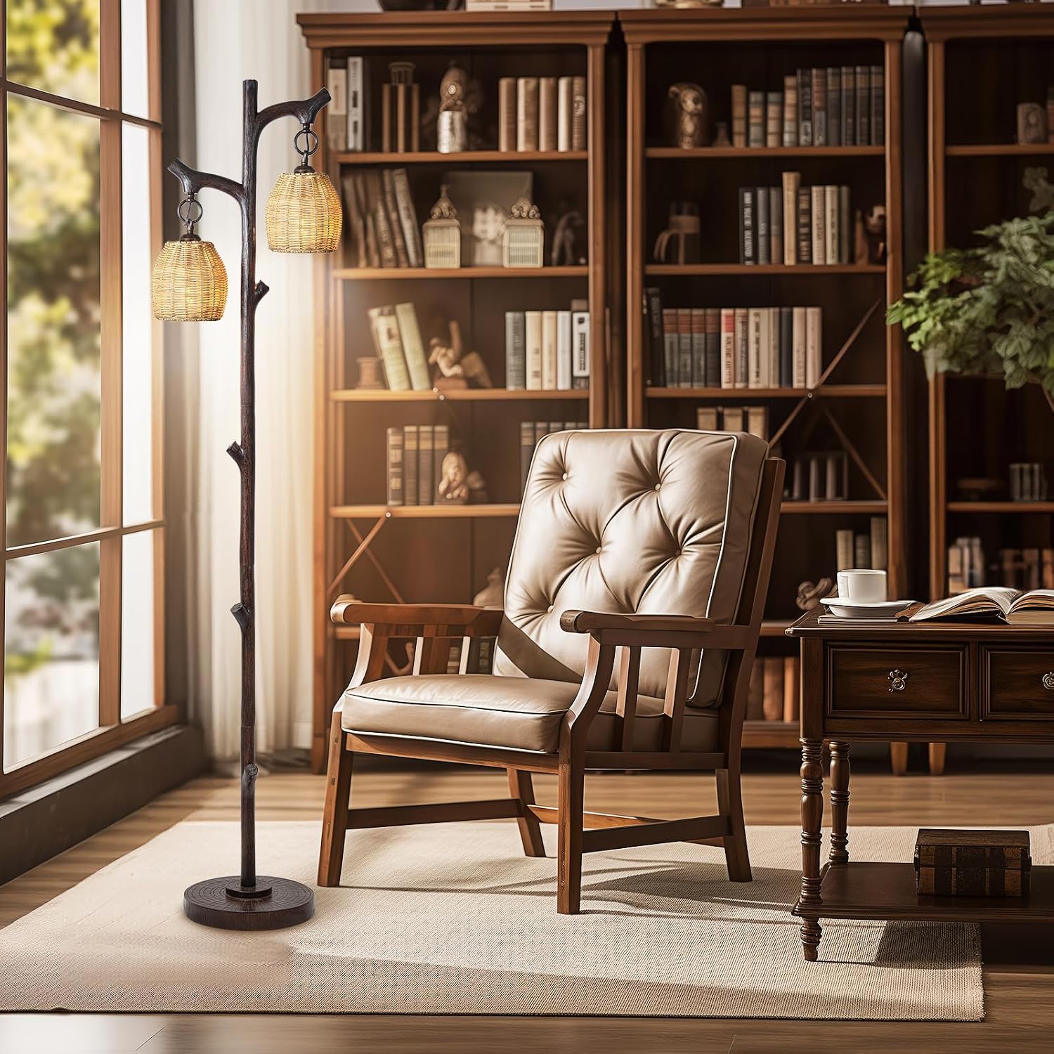 Scenekoy 68' High Farmhouse Rustic Country Cottage Floor Lamp Tree Trunk Faux Wood Column Dark Bronze Wicker Drum Shade Decor for Living Room Bedroom Reading Room