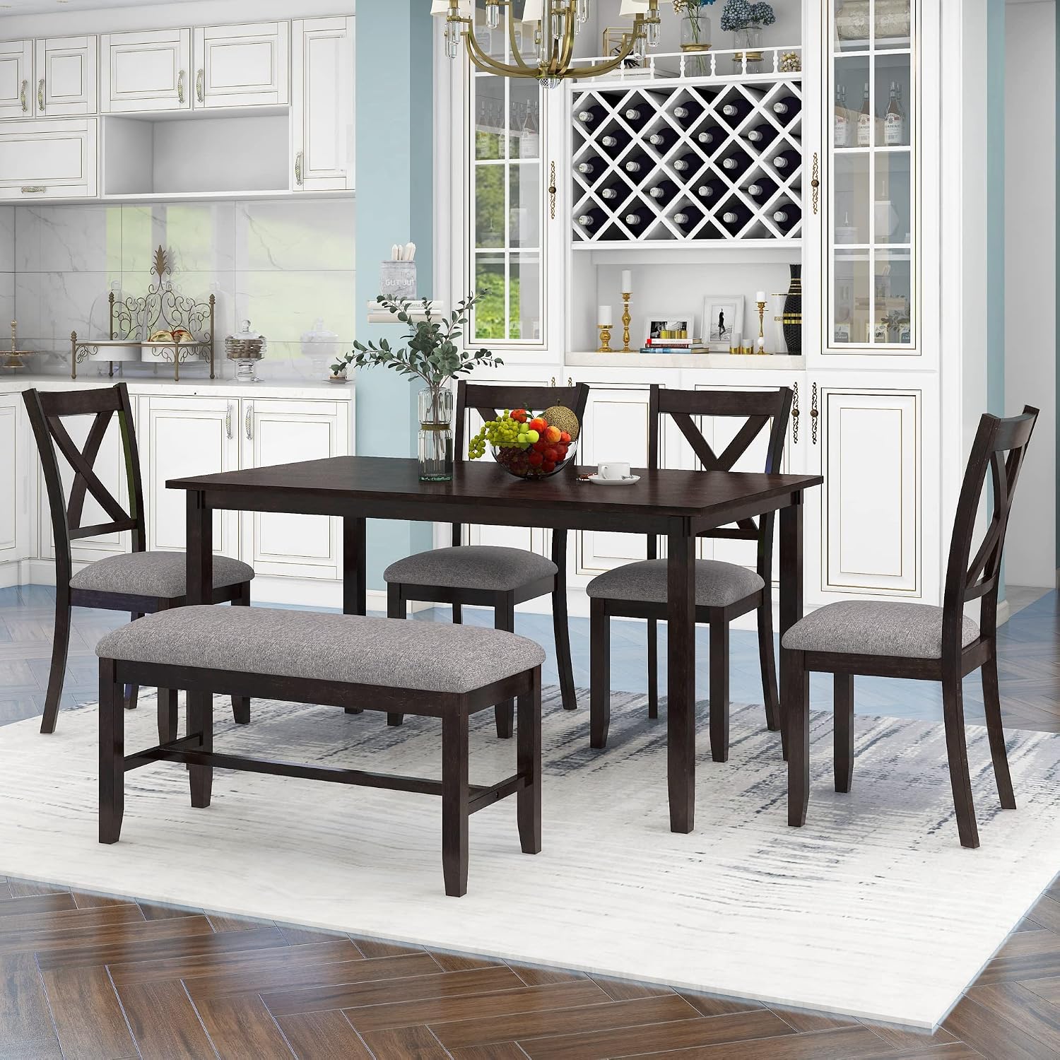 Merax 6 Piece Farmhouse Dining Table Set for 6, Solid Wood Rectangular Kitchen Table Set with 4 Upholstered Chairs and 1 Bench for Kitchen Room Dining Room - Espresso+Gray