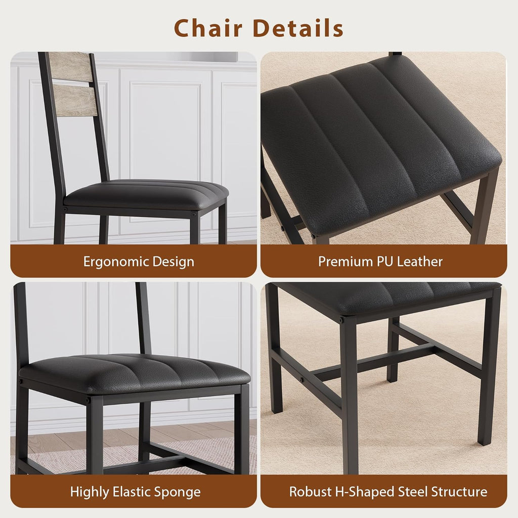 MapleGrace Dining Table Set for 4, Extendable Kitchen Table with 4 PU Leather Upholstered Dining Room Chairs, Wood Kitchen Table Set with Built-in Storage Rack for Dining & Small Spaces, Grey